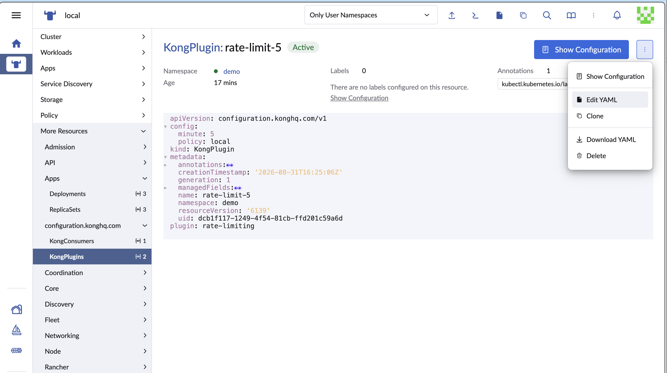 The Rancher UI editing the rate-limit-5 KongPlugin as YAML in the Cluster Explorer resource editor, showing the same plugin definition that was applied with kubectl