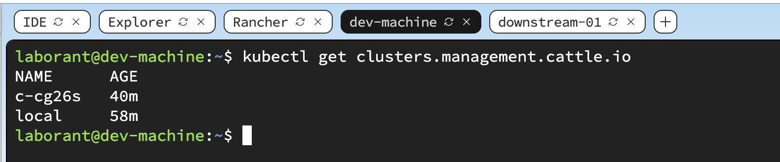 Terminal output of kubectl get clusters.management.cattle.io on the dev-machine, showing the built-in local cluster and the newly imported downstream cluster with a generated c-xxxxx name