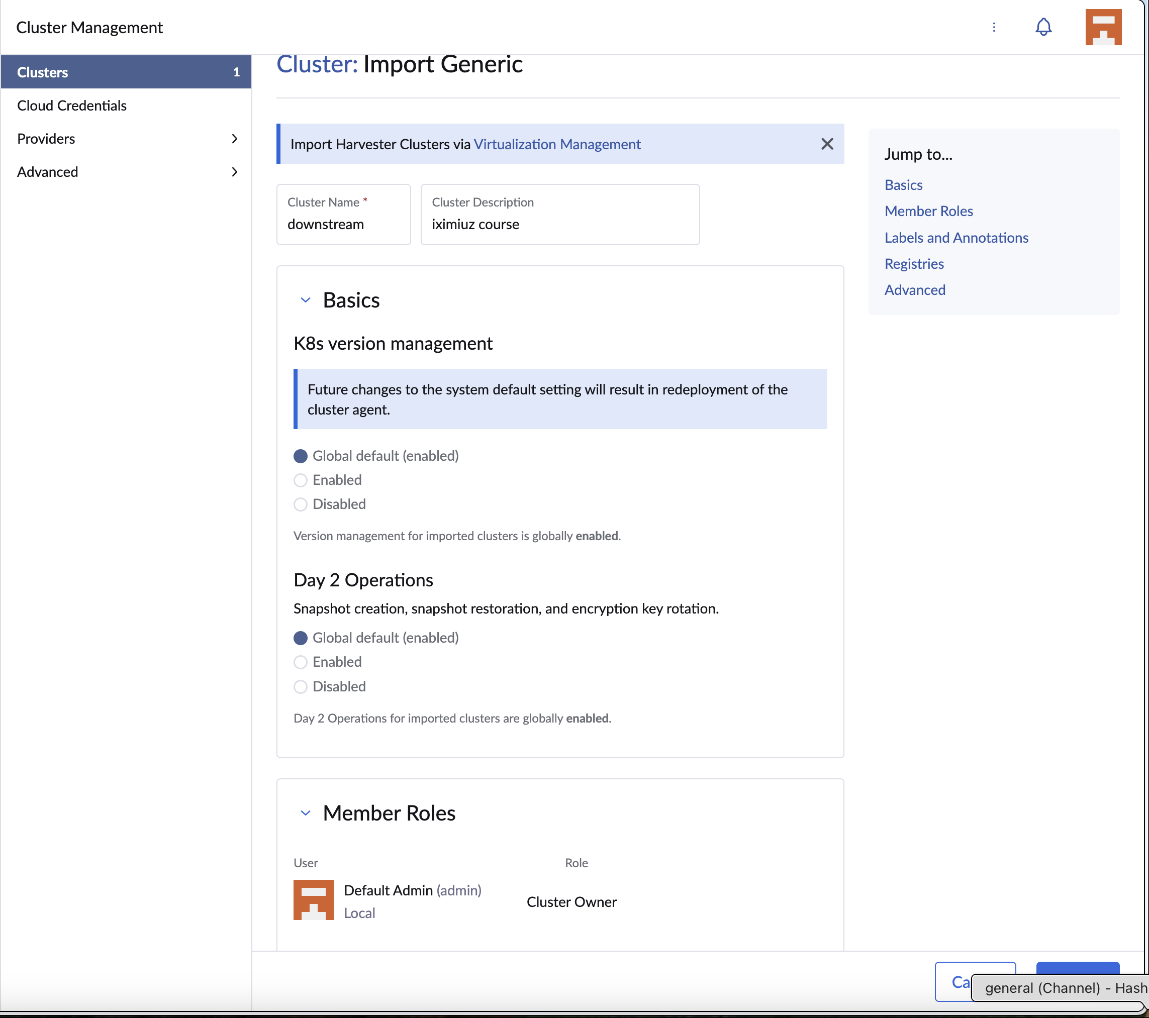 The Rancher Generic cluster import form with the cluster name set to downstream, ready to create the import entry