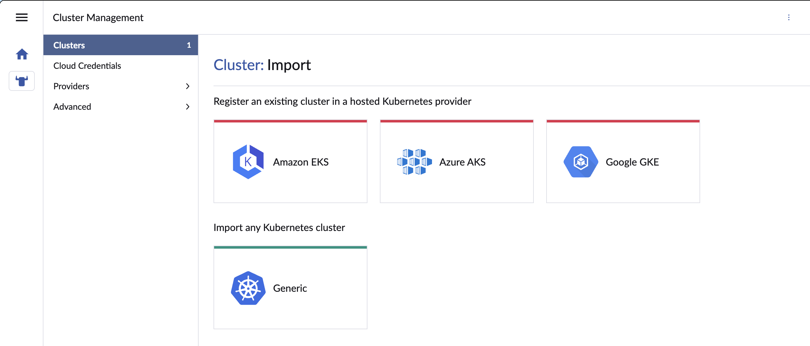 The Rancher Cluster Management screen with the Import Existing option and the list of cluster types to choose from, including Generic