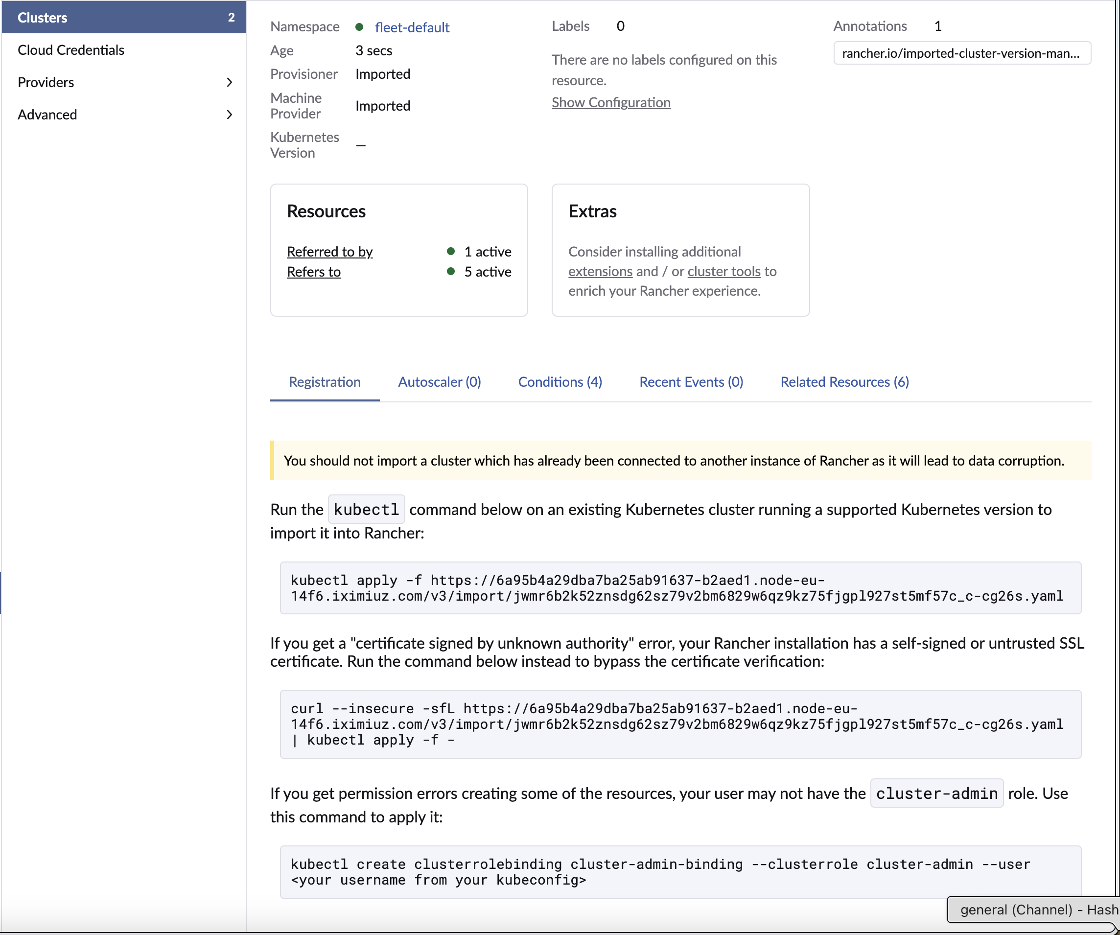 The Rancher registration command screen showing the kubectl apply command (including the insecure curl variant) to run on the downstream cluster to install the cluster agent