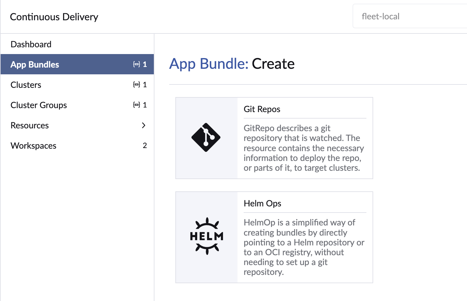 The Rancher UI Continuous Delivery form for creating a GitRepo, with fields for the repository URL, branch, and paths that map directly to the GitRepo manifest