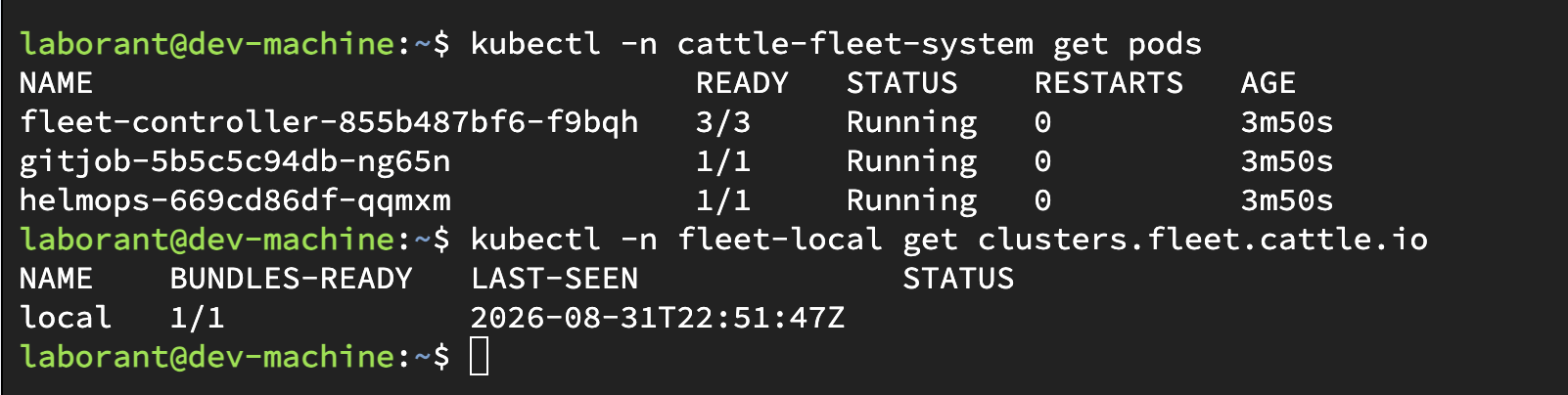 Terminal output showing the Fleet controller and gitjob pods running in cattle-fleet-system, and a single Fleet Cluster object for the local cluster in fleet-local