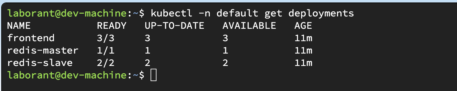 Terminal output of kubectl get deployments in the default namespace showing the frontend deployment with all replicas ready, deployed by Fleet from the Git repository