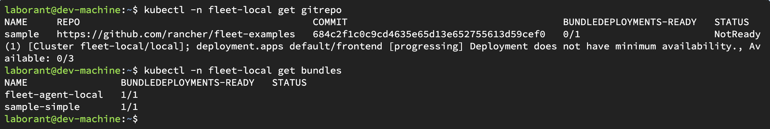 Terminal output of kubectl get gitrepo and get bundles in fleet-local, showing the sample GitRepo with its resource count and the Bundle in the Ready state