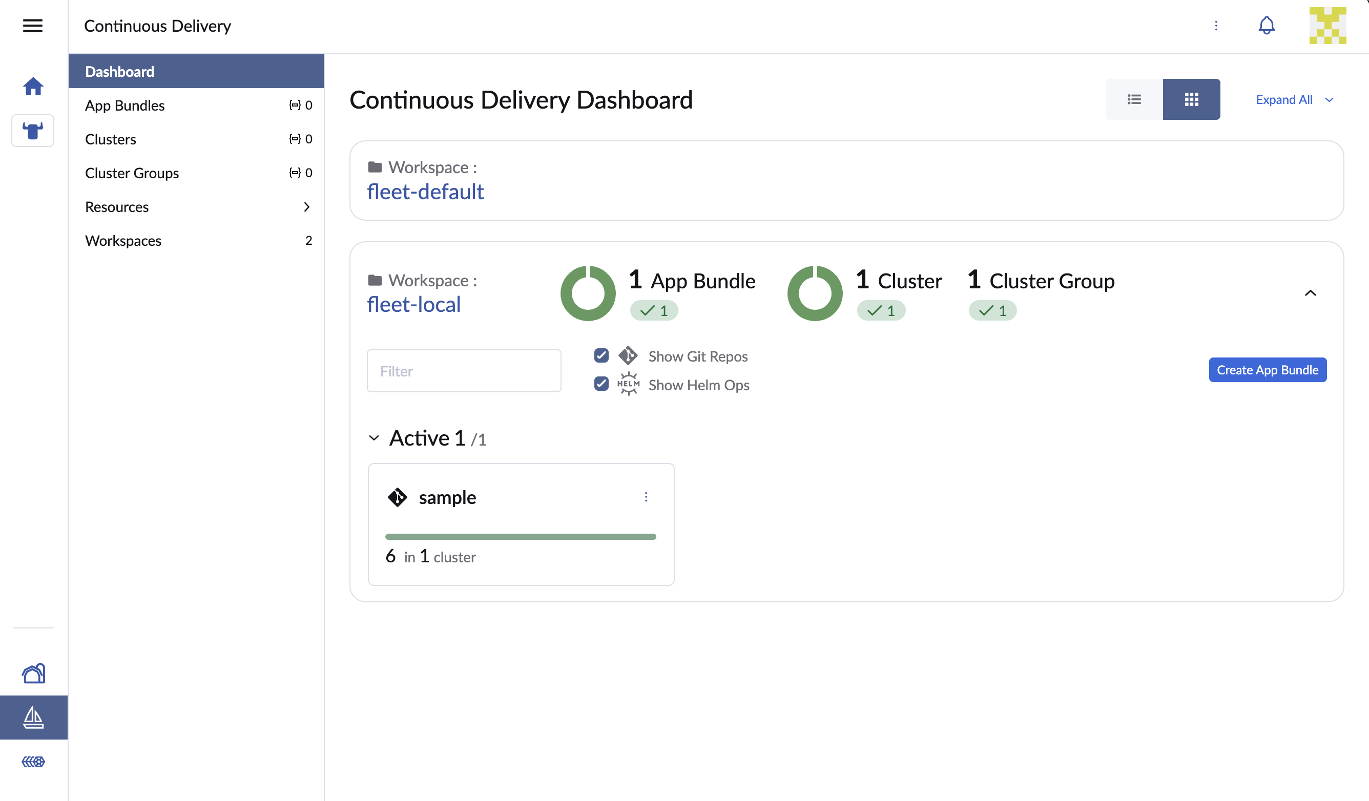 The full Rancher Continuous Delivery dashboard listing the sample GitRepo with its status, repository, and branch, alongside the Fleet navigation and workspace selector