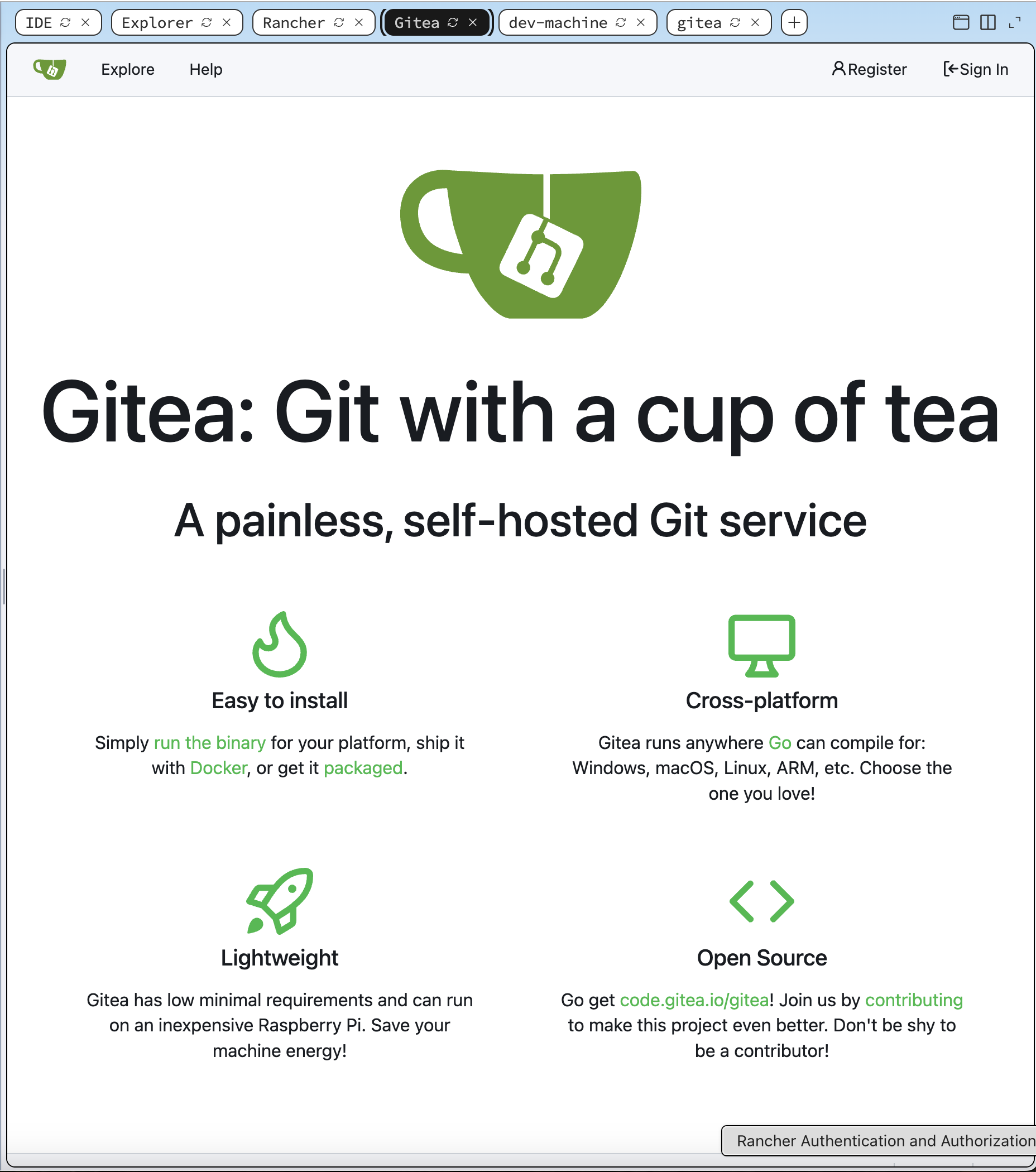 The Gitea sign-in page served from the self-hosted Gitea server, with fields for username and password