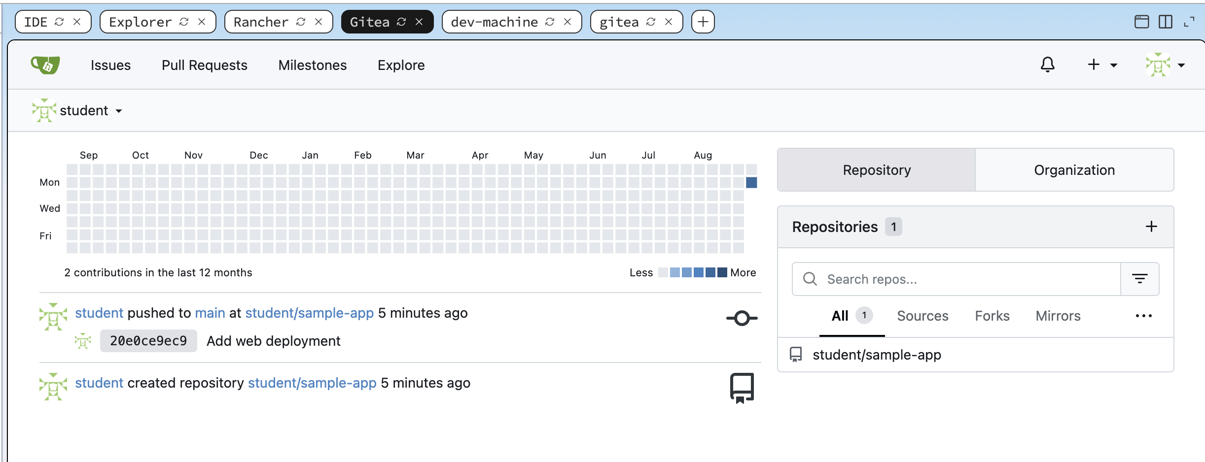 The student/sample-app repository in the Gitea web UI after logging in, showing the manifests directory and the web.yaml Deployment file that Fleet deploys