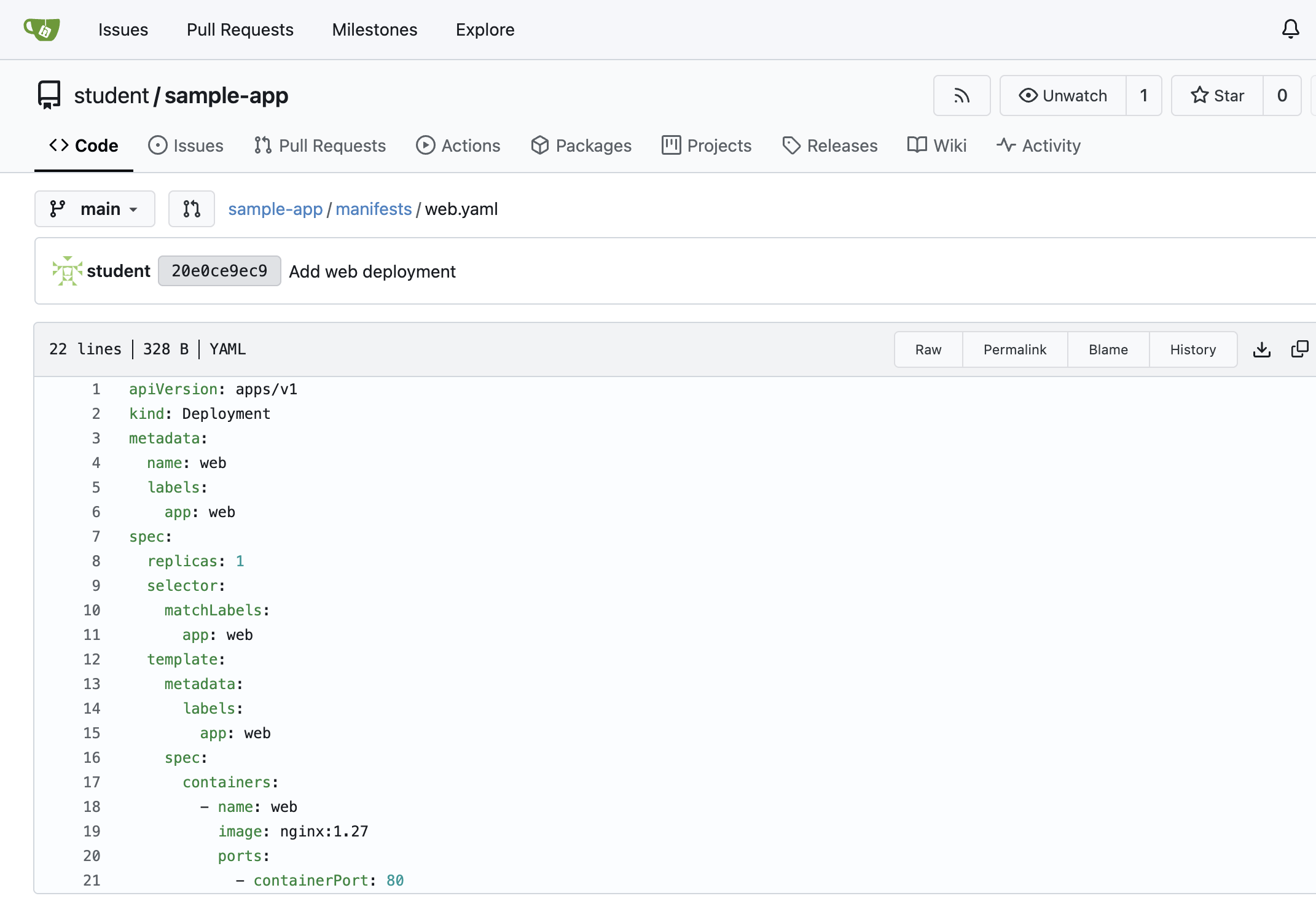 The contents of manifests/web.yaml viewed in Gitea, an nginx Deployment named web with replicas set to 1 - the value the student will change to trigger a Fleet reconcile