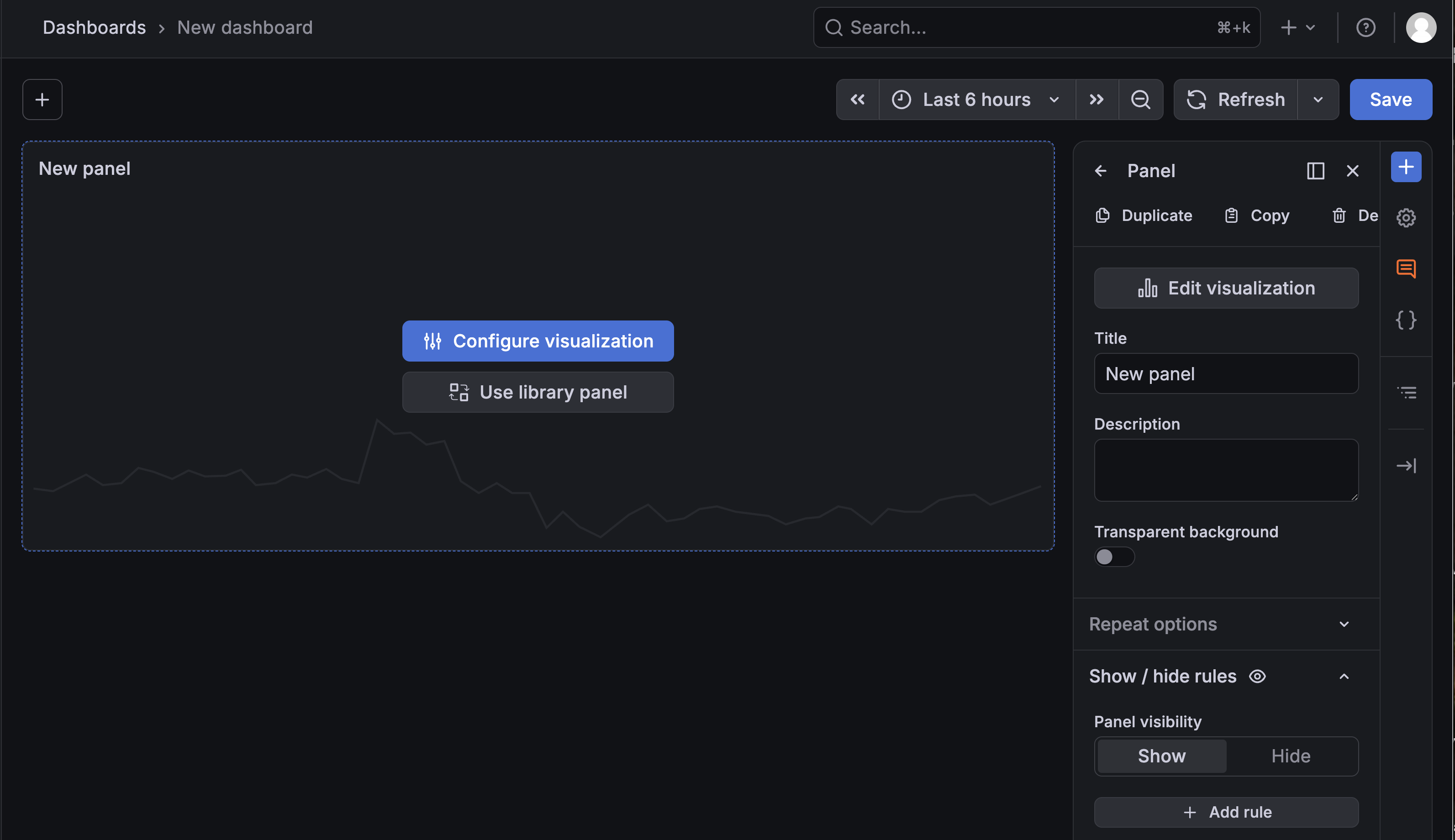 A freshly added empty Grafana panel showing a blue Configure visualization button in the middle, which opens the panel editor