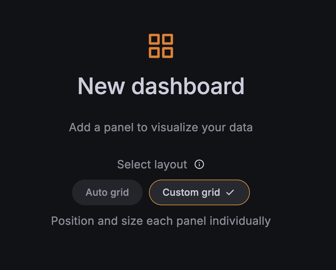 The new Grafana dashboard screen offering two layout options, Auto grid and Custom grid, before any panels are added