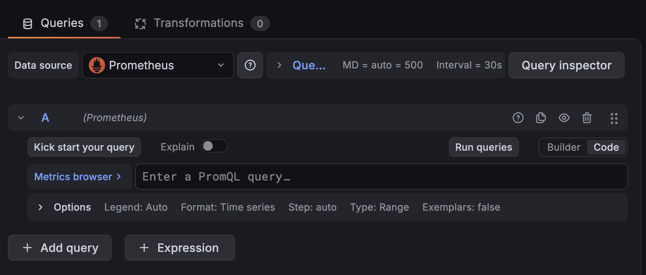 The Grafana panel editor Query section showing the Builder and Code toggle, with Code selected so a free-text Enter a PromQL query field is visible for typing the metric expression