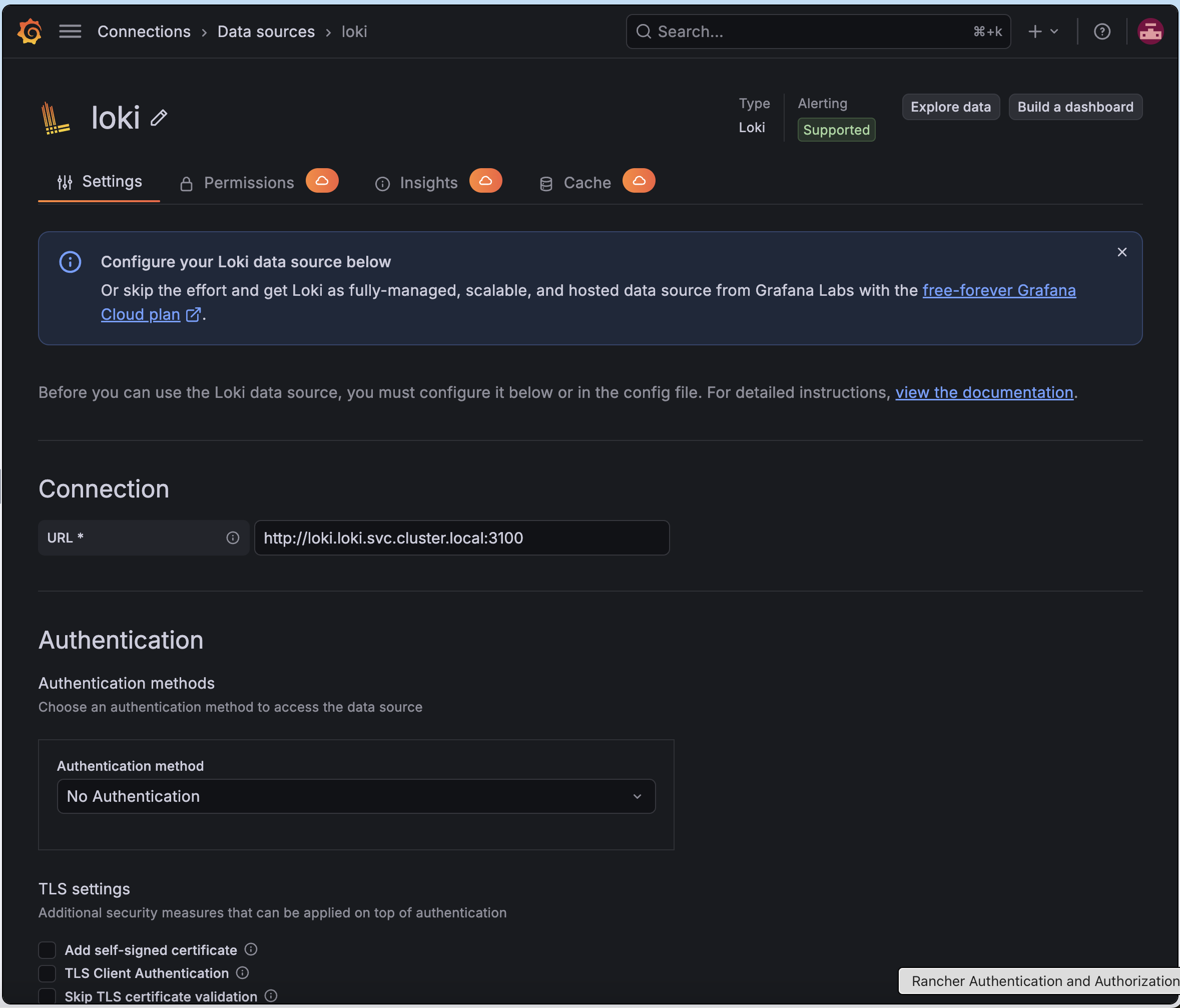 The Grafana Add data source screen for Loki, with the HTTP URL set to the in-cluster Loki service address and a successful Save and test result