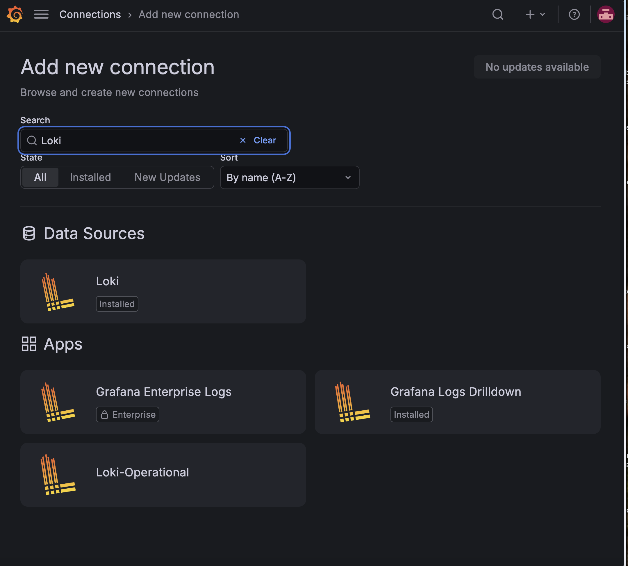 The Grafana Connections Data sources screen listing the data sources already configured by the monitoring stack, with the option to add a new one