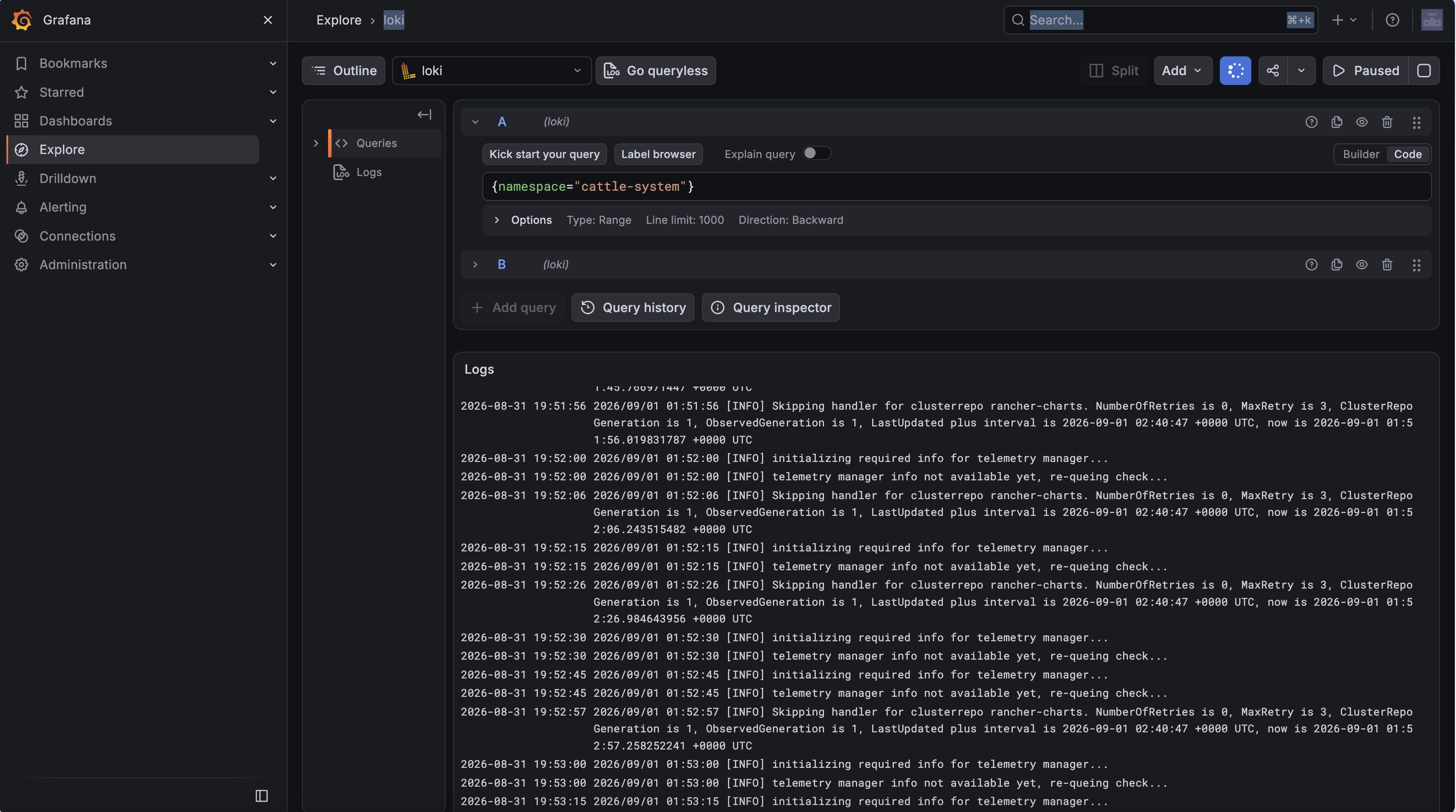 The Grafana Explore view with the Loki data source selected, showing log lines returned by a LogQL query filtering on a namespace label