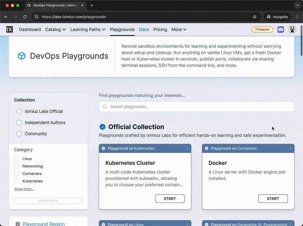 Start a playground from the browser: Select a playground, click 'Start', wait for the playground to boot, and use the opened web terminal with an SSH session to the playground.