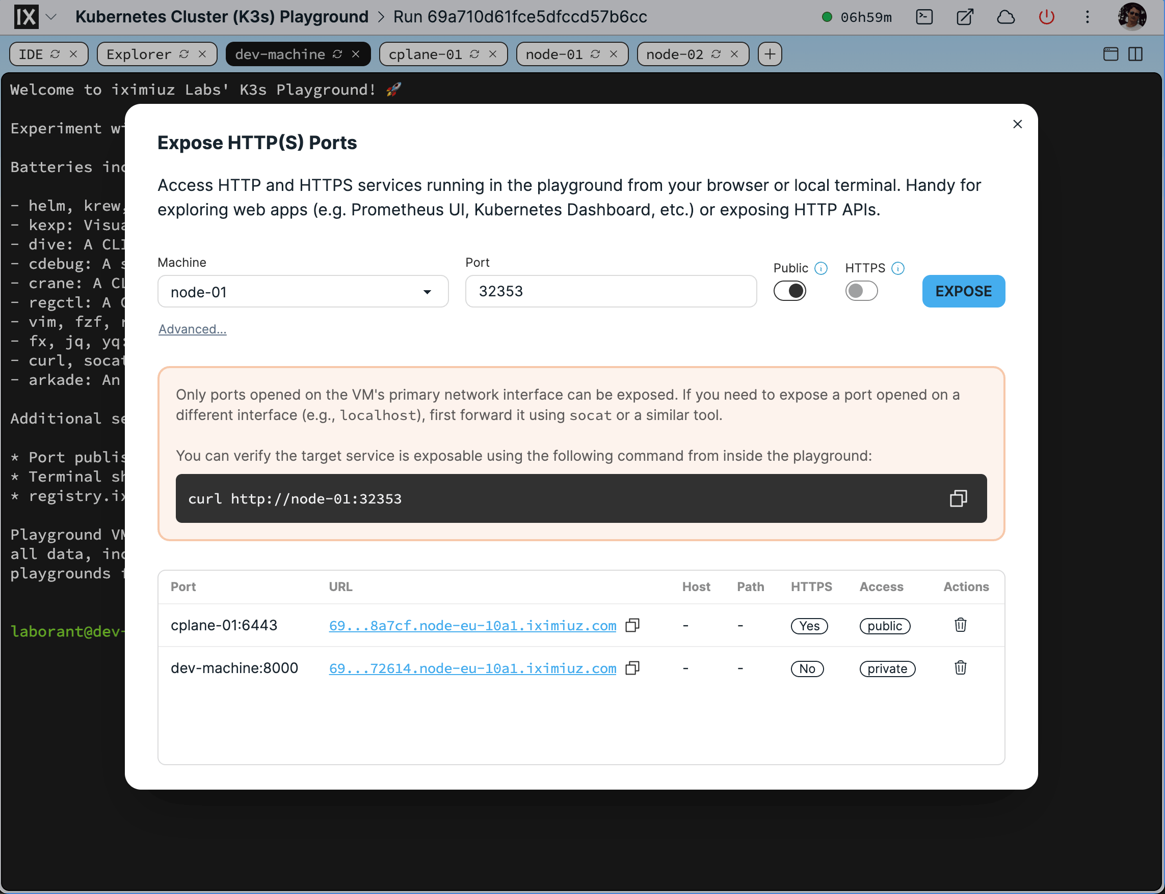 The **Expose HTTP(S) Ports** dialog.
