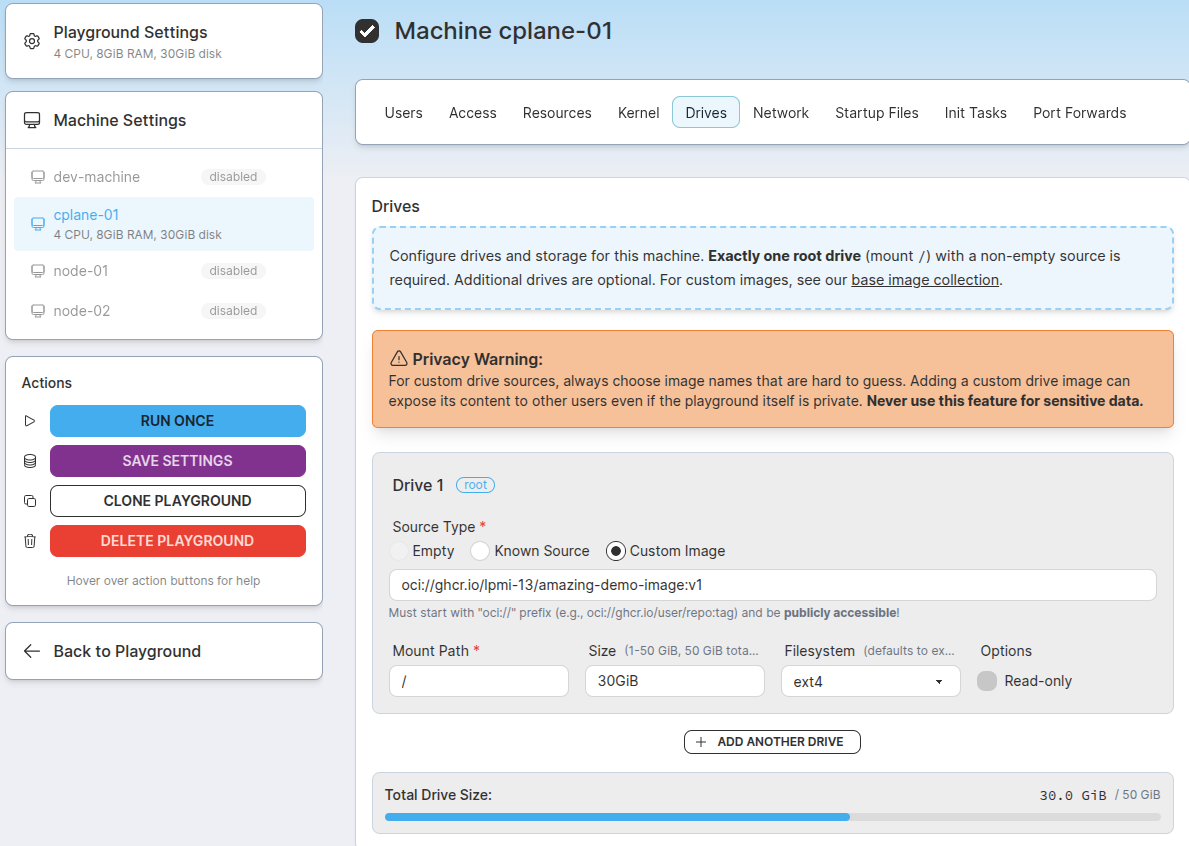 Setting a custom OCI image as a VM drive rootfs source using the Playground Constructor UI.
