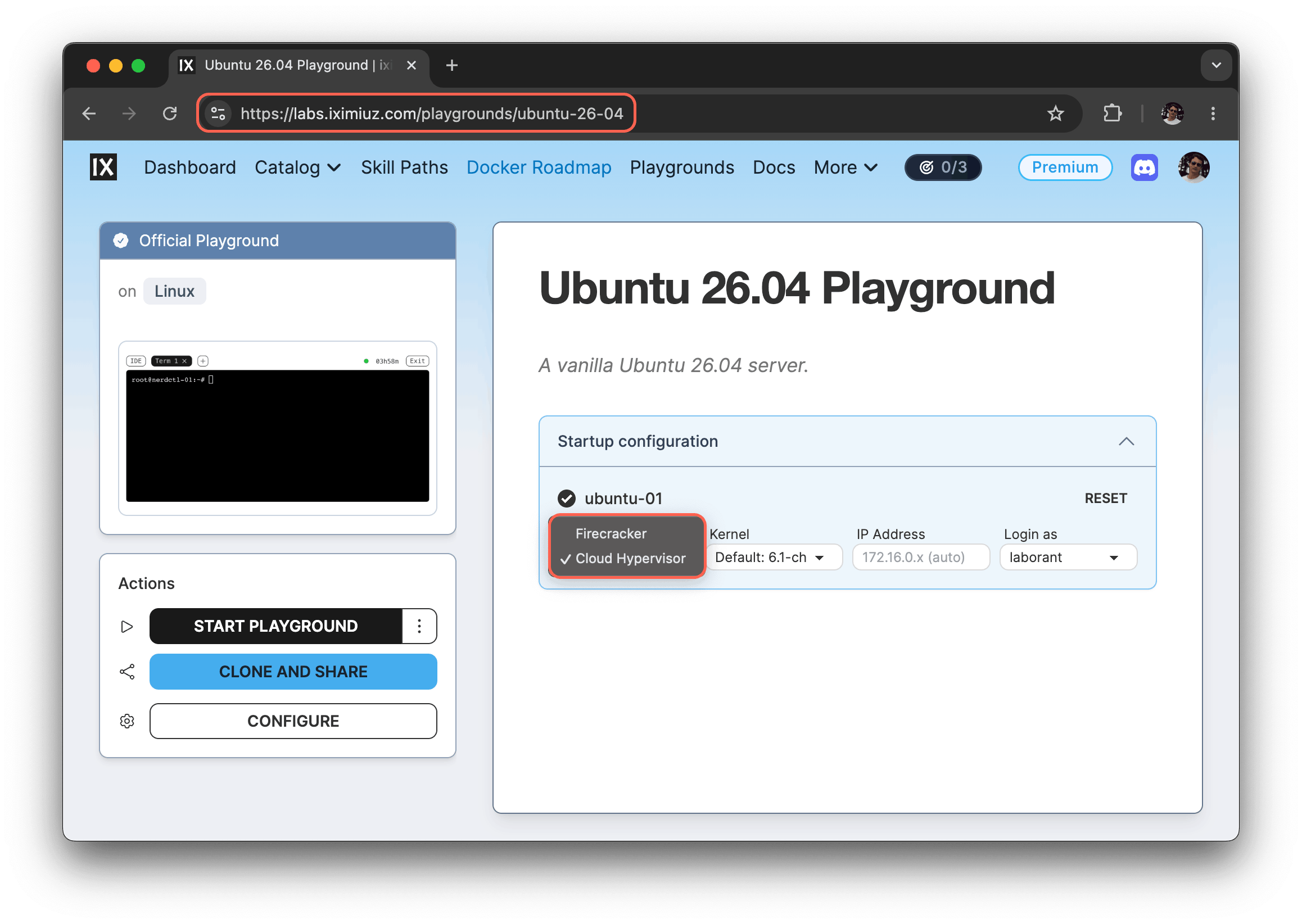 Switch the "Backend" setting of a VM from "Firecracker" to "Cloud Hypervisor" before starting the playground.