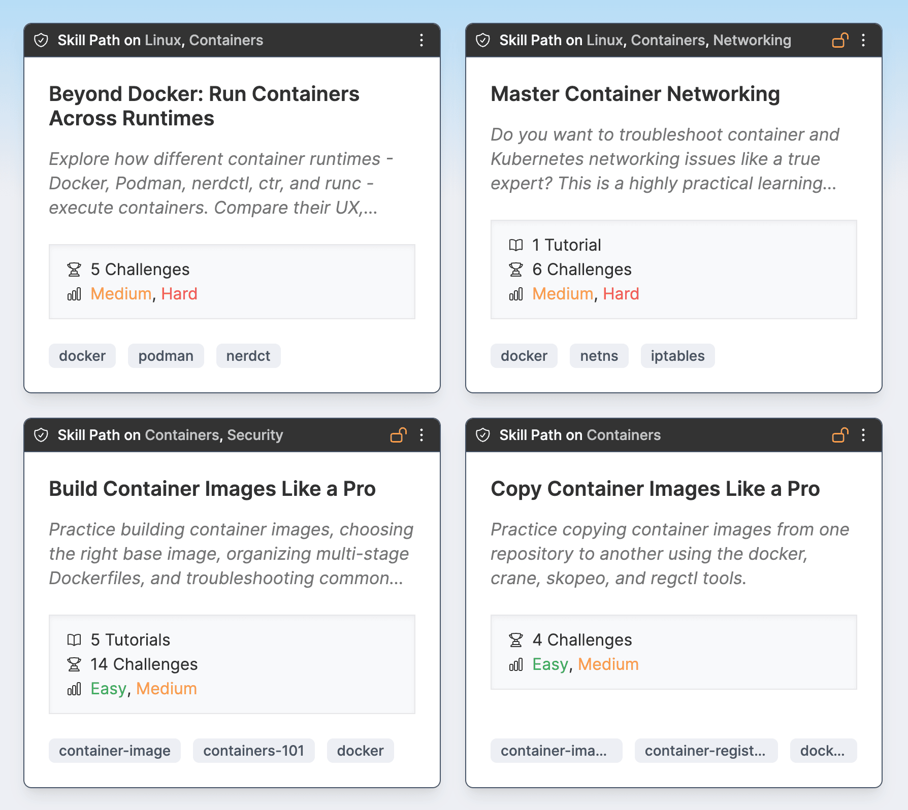Skill Path examples: Master Container Networking, Build Container Images Like a Pro, etc.