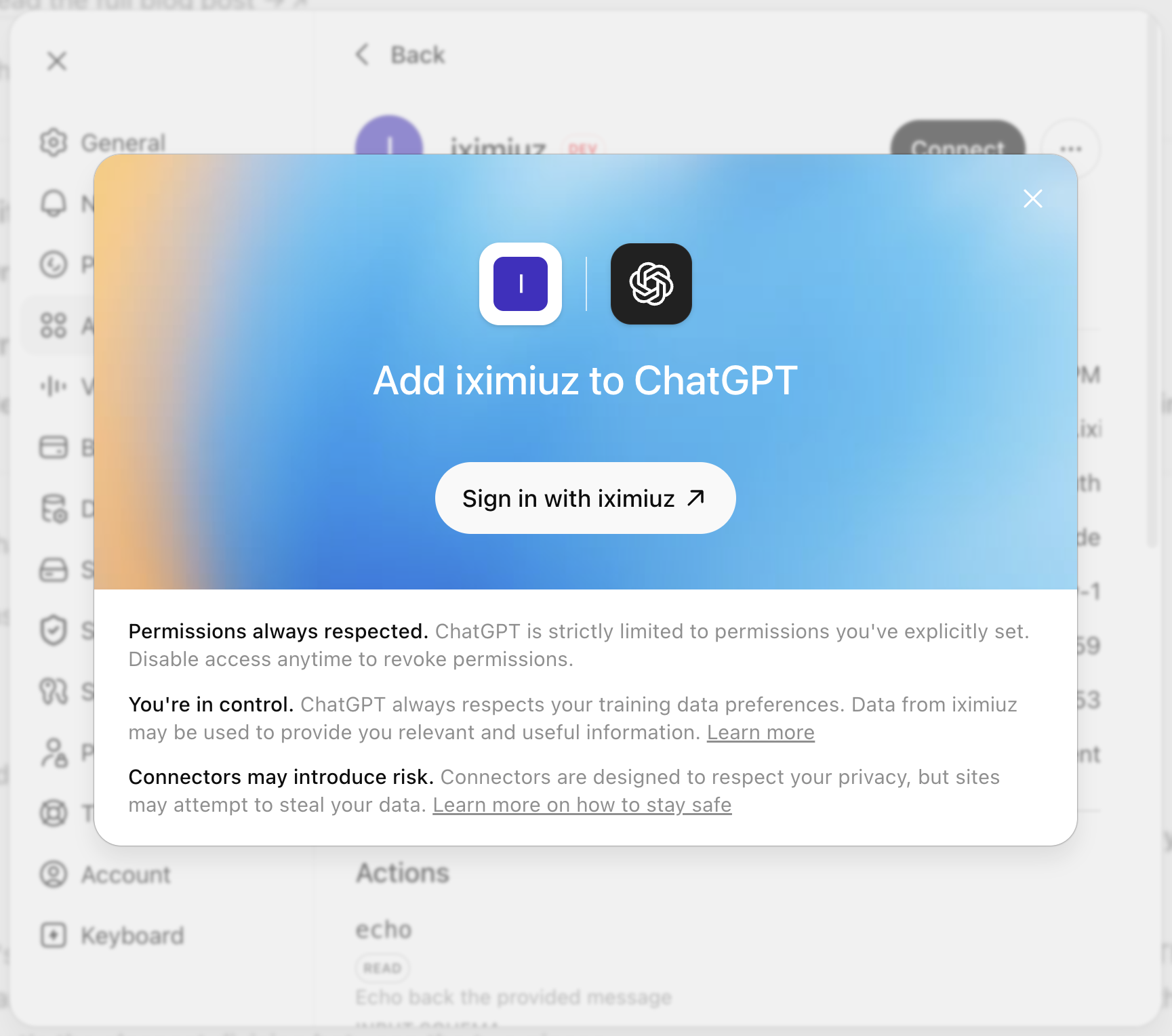 ChatGPT's connect dialog for the new MCP connector, with a sign-in button that starts the OAuth flow against the gateway
