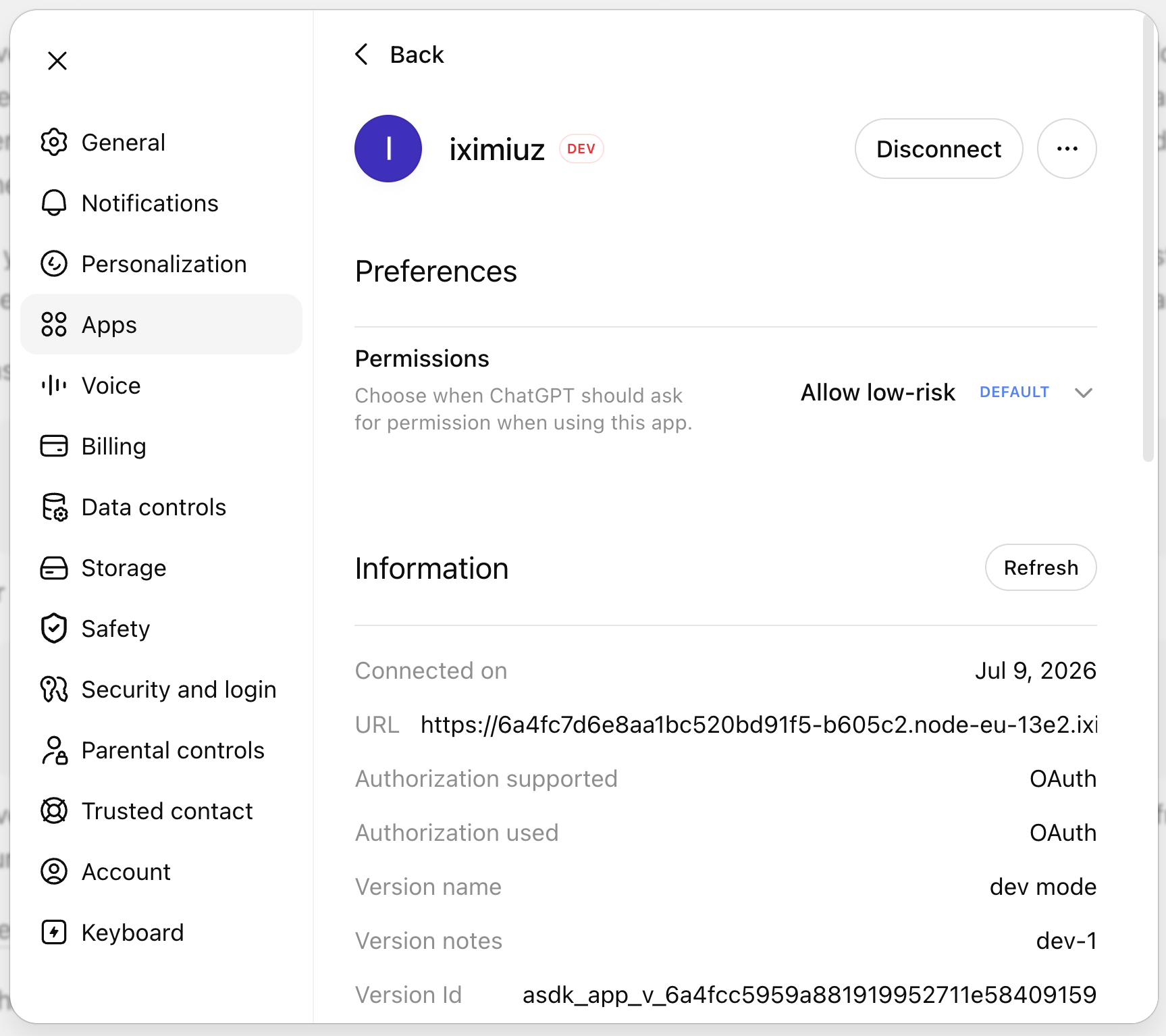 ChatGPT's connector settings showing the playground MCP route URL and OAuth as the supported and used authorization