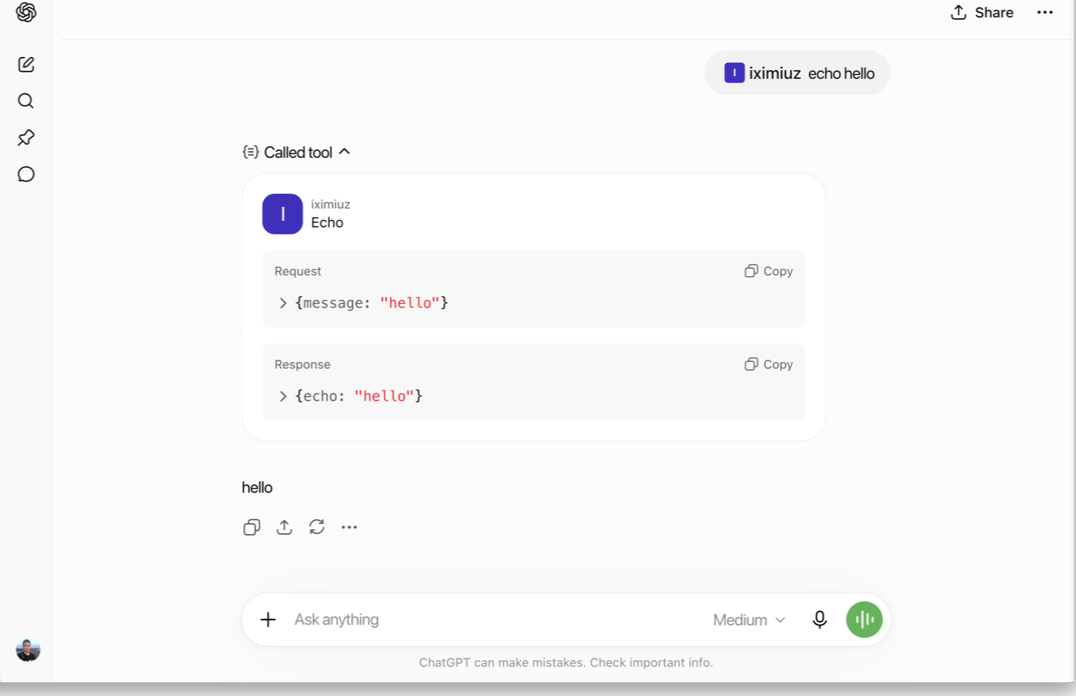 ChatGPT with a connector configured for the playground's MCP route URL, calling the Echo tool with "hello" and showing the request and the echoed response