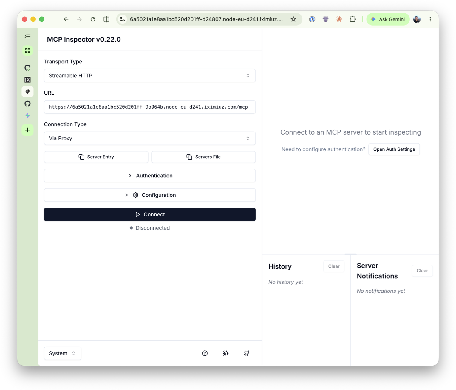 MCP Inspector with the Streamable HTTP transport and the Pomerium route URL prefilled, before connecting