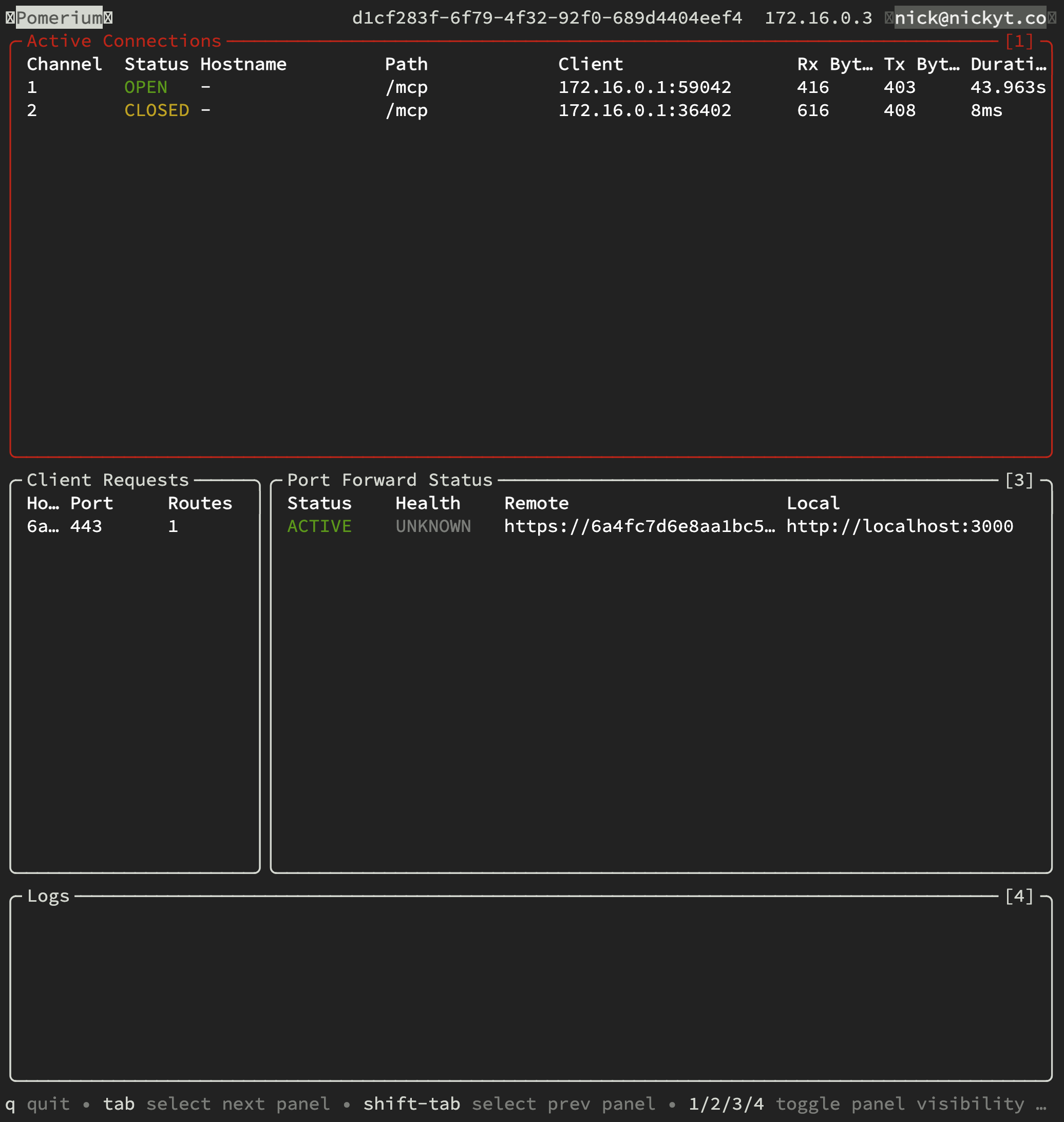 Pomerium's tunnel TUI after tool calls, showing /mcp connections with byte counts and durations under Active Connections