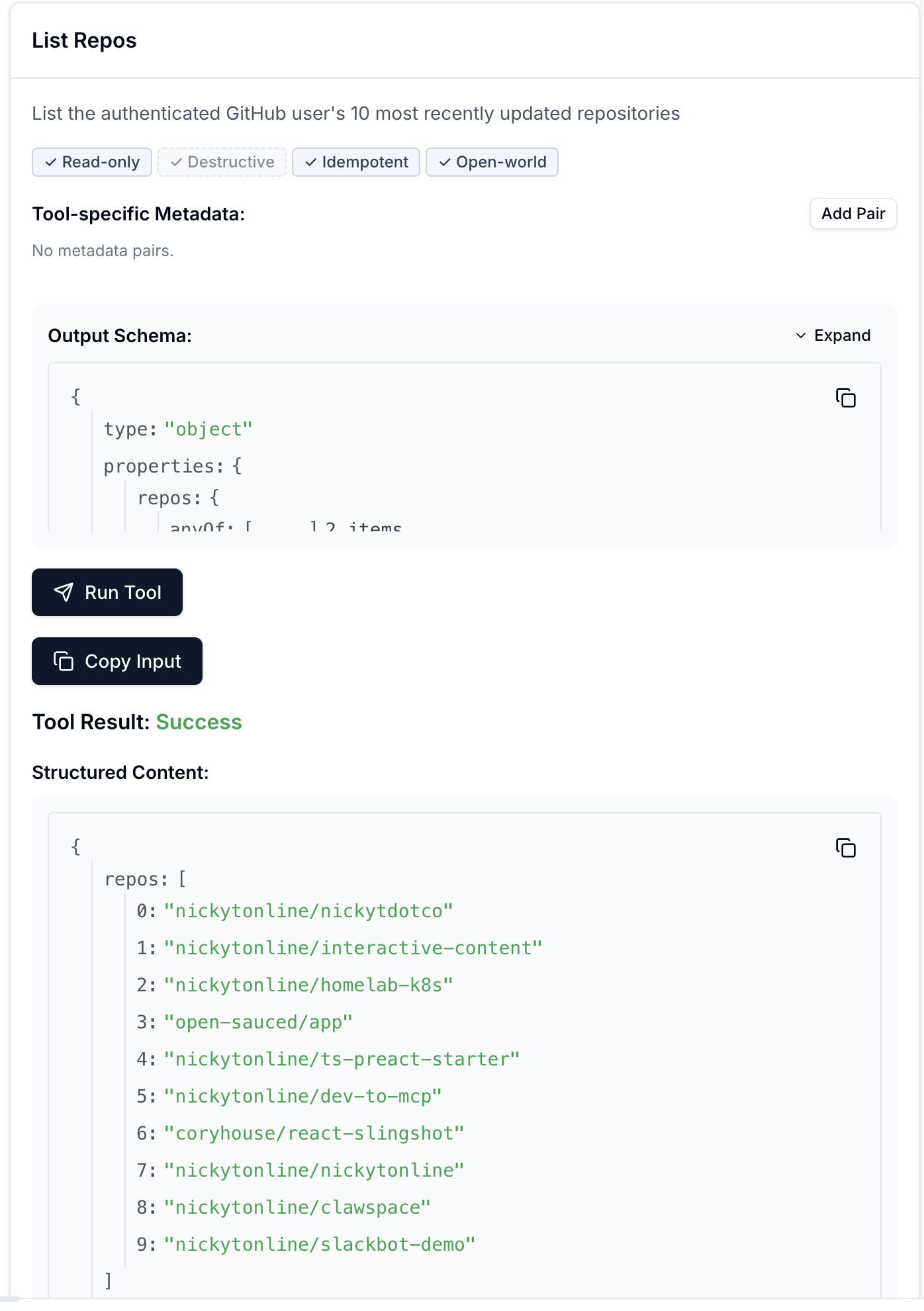 MCP Inspector running the List Repos tool, showing a successful result with structured content listing up to ten repository full names