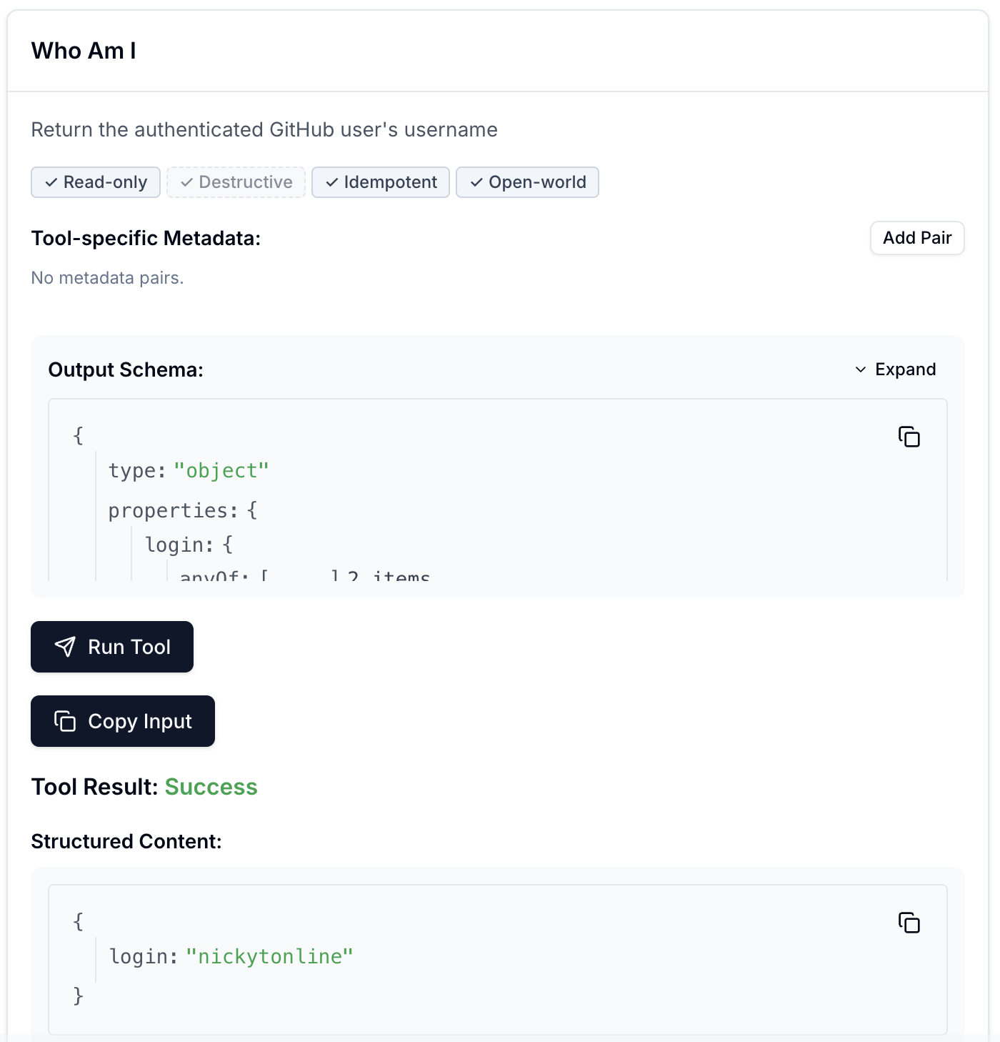 MCP Inspector running the Whoami tool, showing a successful result with structured content containing the authenticated GitHub username