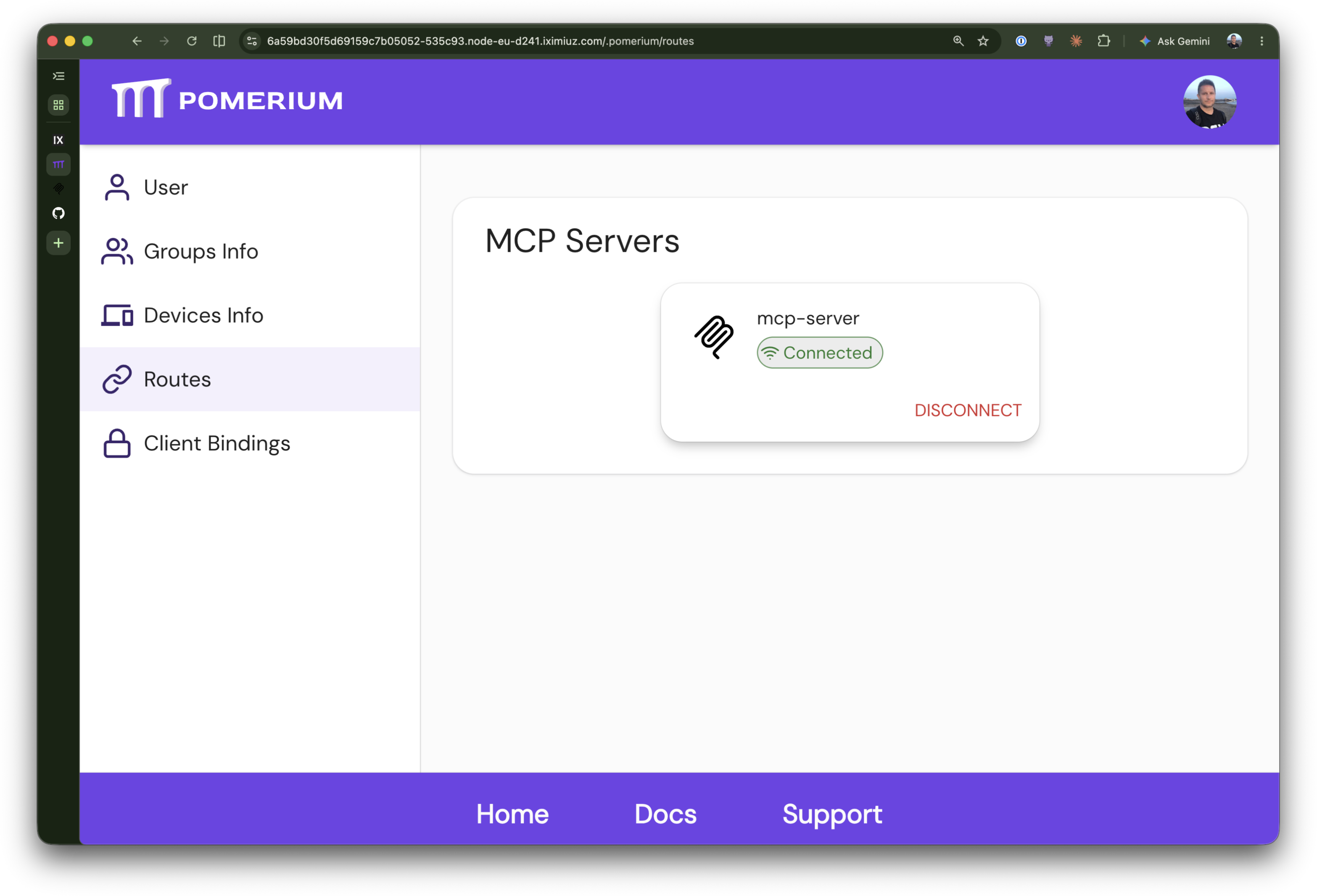 Pomerium's routes portal showing the MCP route with an active GitHub connection and a disconnect action