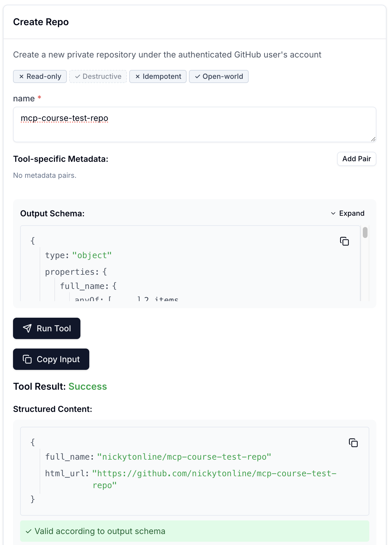 MCP Inspector running the Create Repo tool before any per-tool policy exists, showing a successful result with the newly created repository's full name and URL