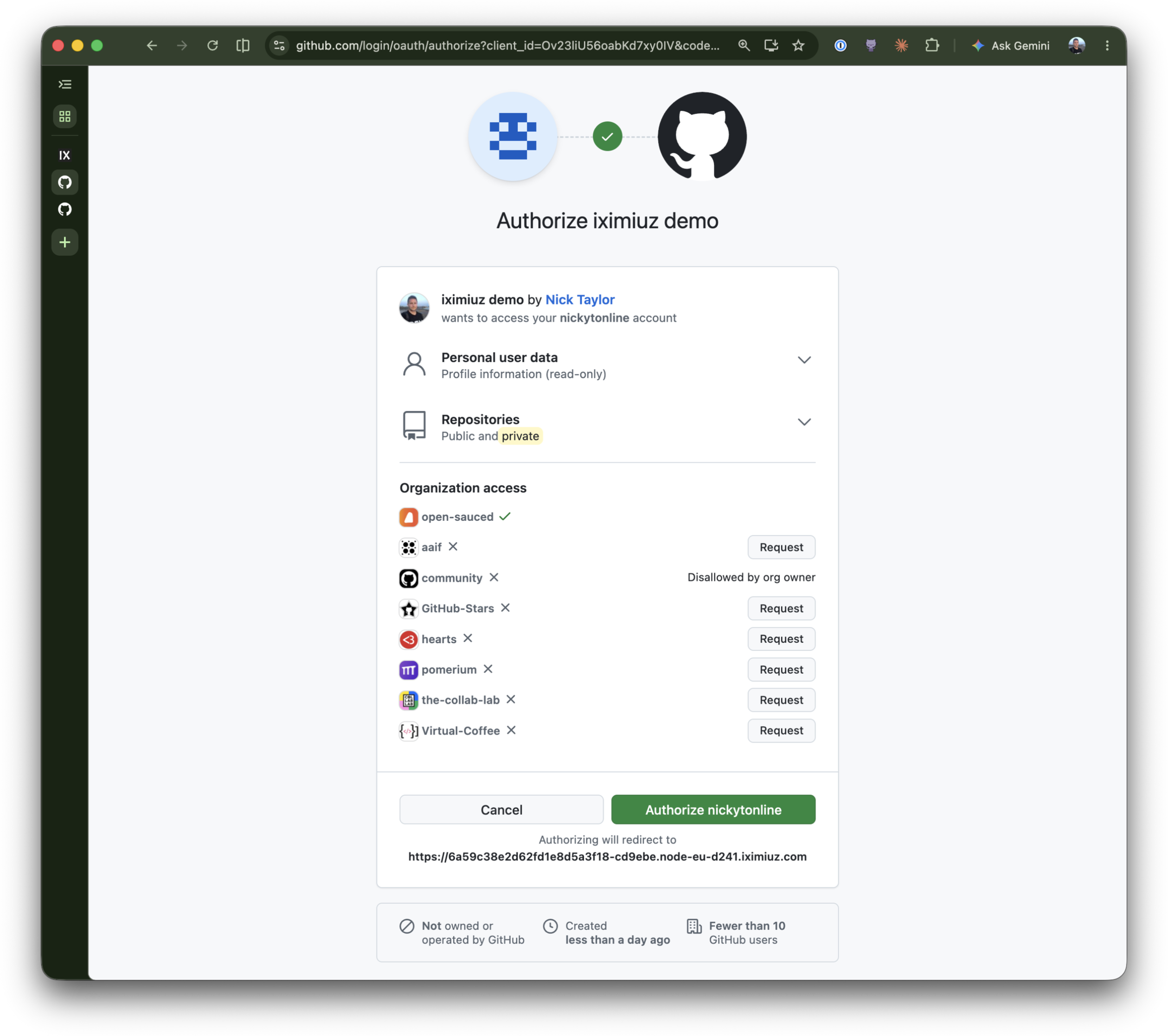 GitHub's OAuth authorization screen showing the requested read:user and repo scopes for the registered OAuth App, with an Authorize button