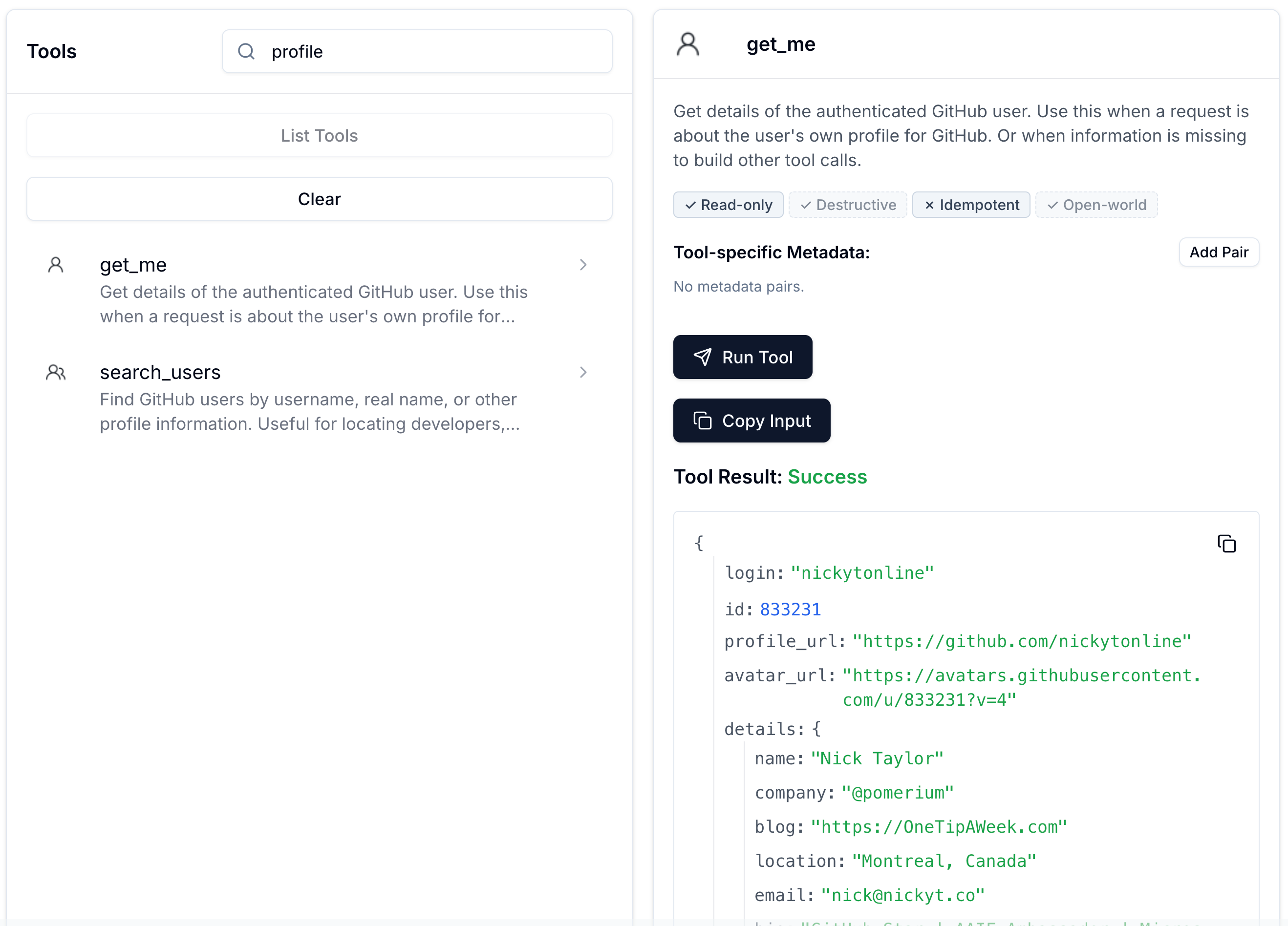 MCP Inspector running the Get My User Profile tool, showing a successful result with structured content containing the authenticated GitHub user's login, profile URL, and other public profile fields