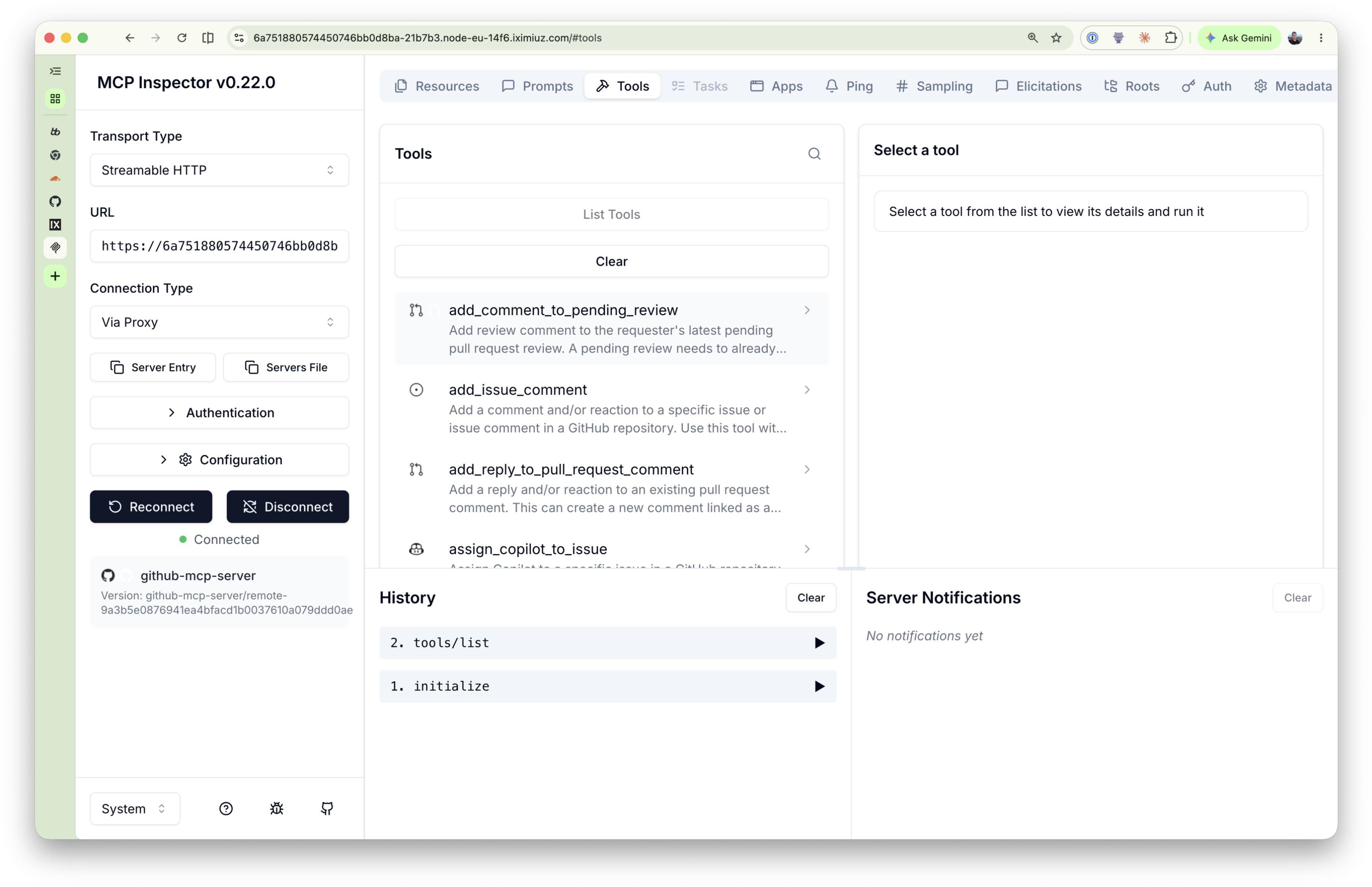 MCP Inspector's Tools tab listing the tool catalog GitHub's hosted server exposes by default