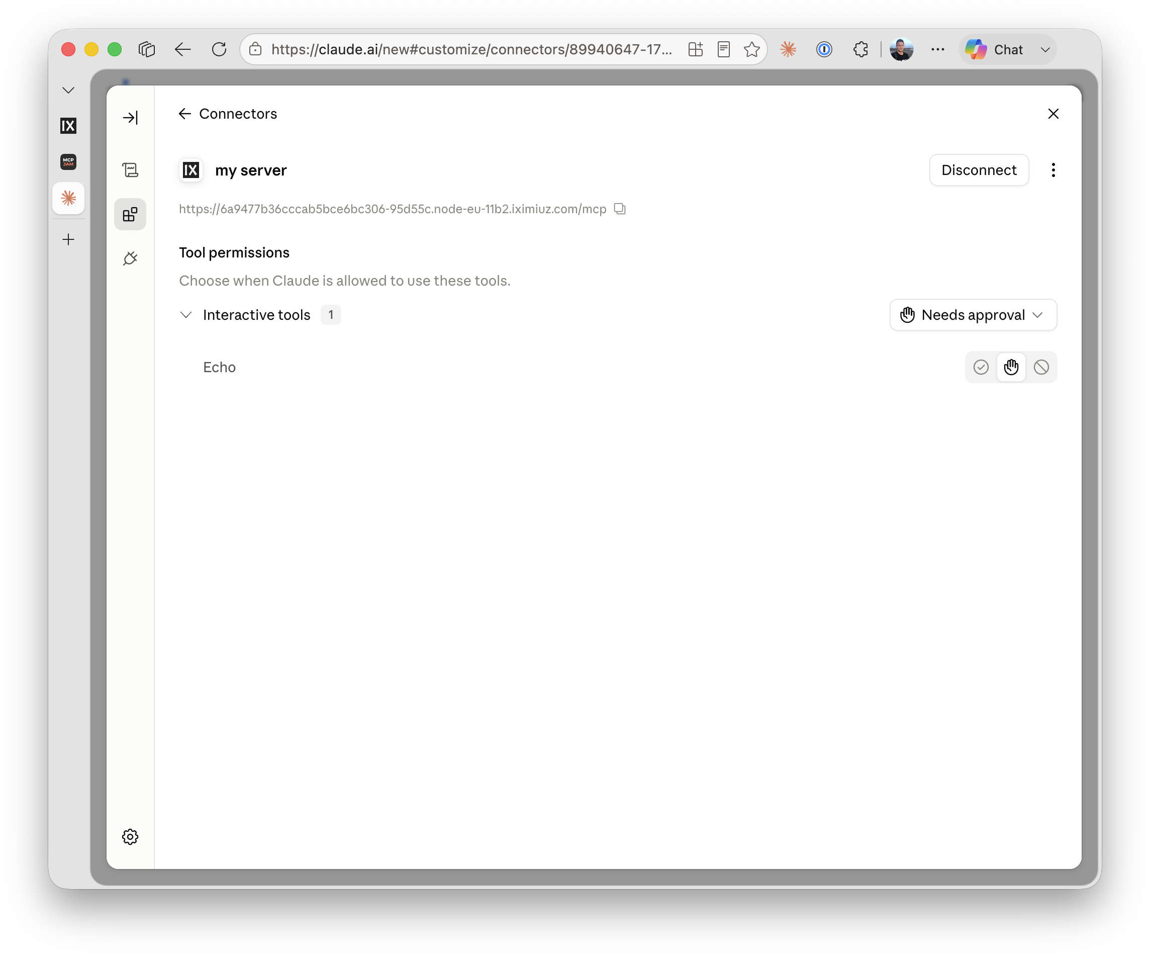 Claude.ai's Connectors settings showing "my server" connected, with the Echo tool listed under Tool permissions