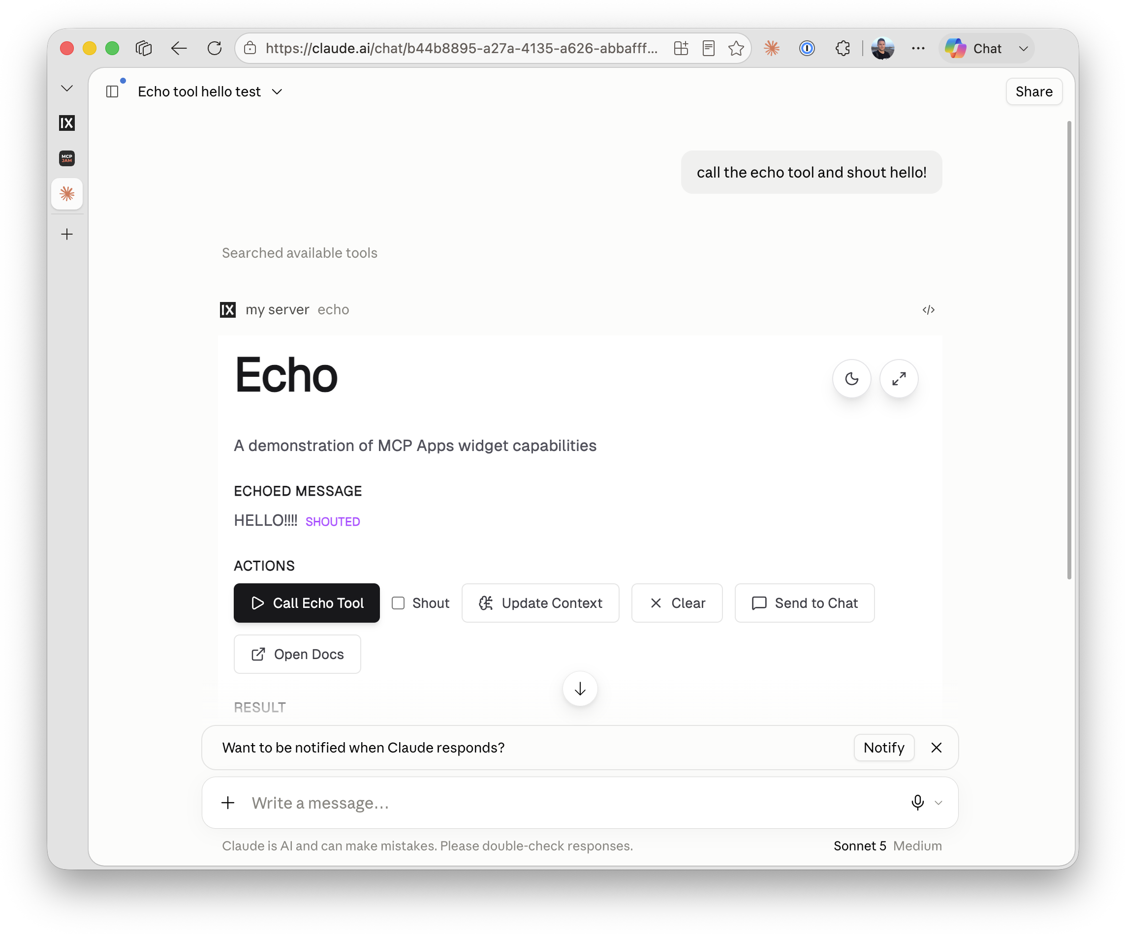 The Echo widget rendered inside Claude.ai's chat, showing HELLO!!!! with the SHOUTED badge