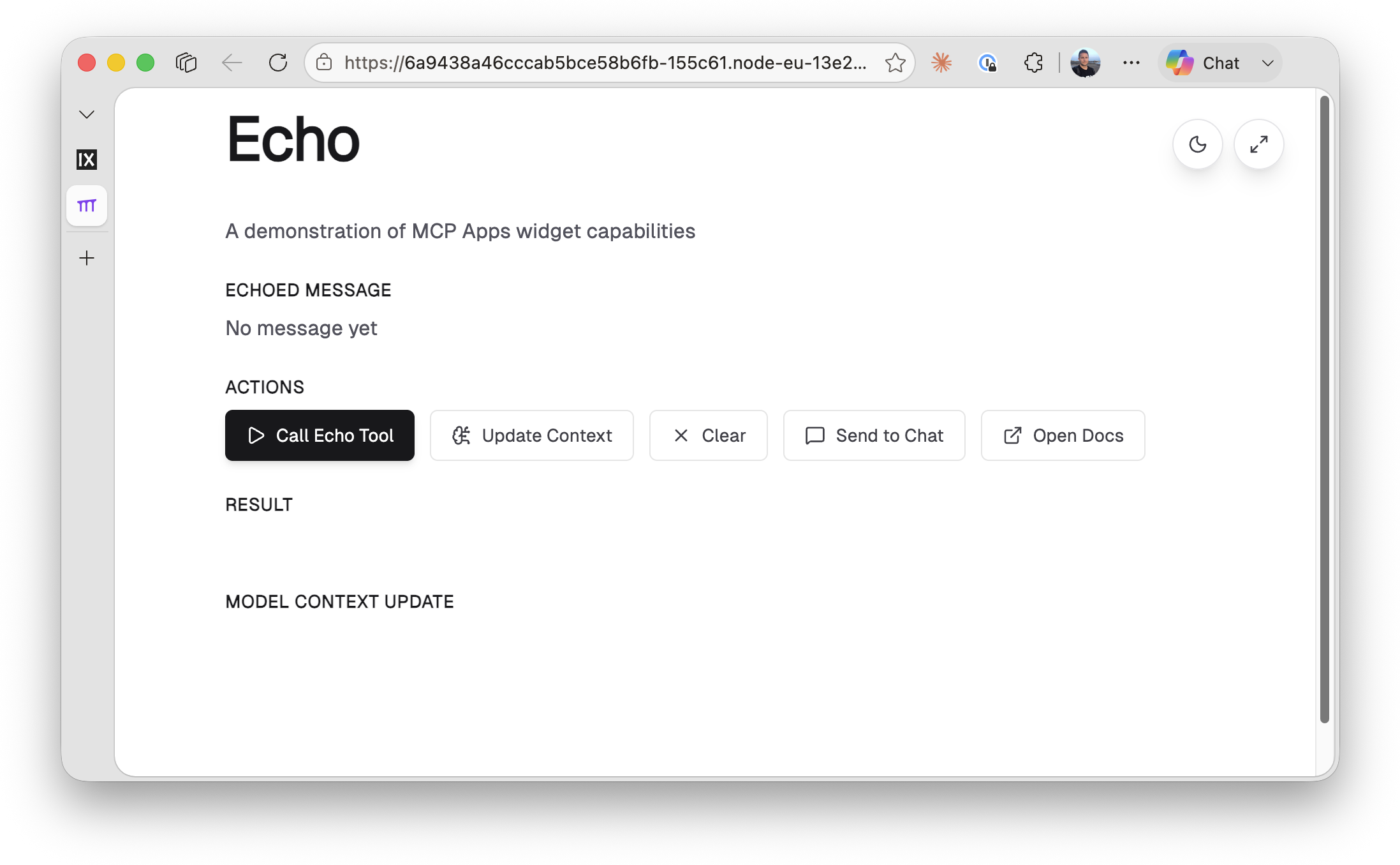The Echo widget rendered directly through the assets route, in its default "No message yet" state