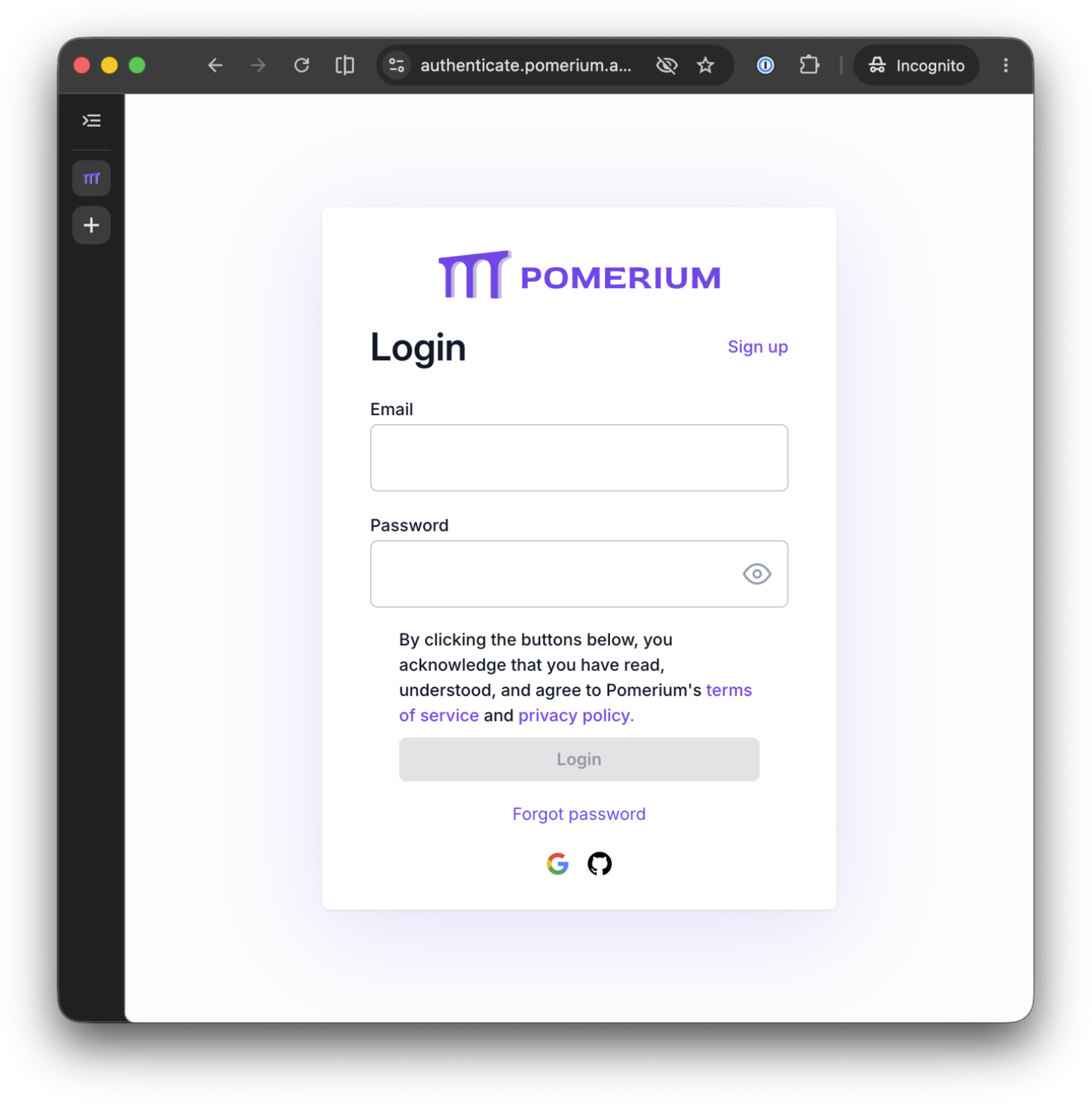 Pomerium's hosted authenticate login page with email and password fields, a sign-up link, and Google and GitHub sign-in buttons