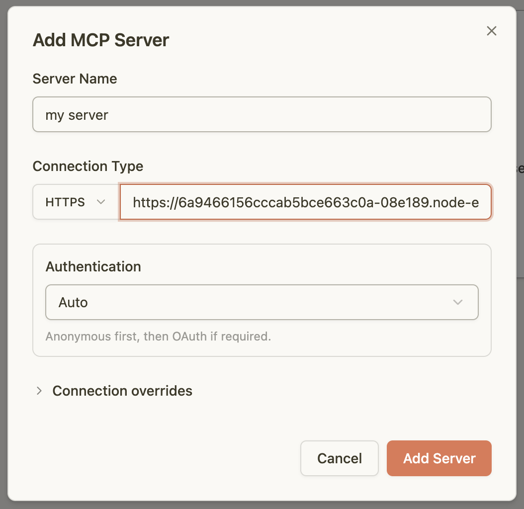 MCPJam's Add MCP Server dialog with the app route's /mcp URL pasted in, Connection Type HTTPS and Authentication Auto