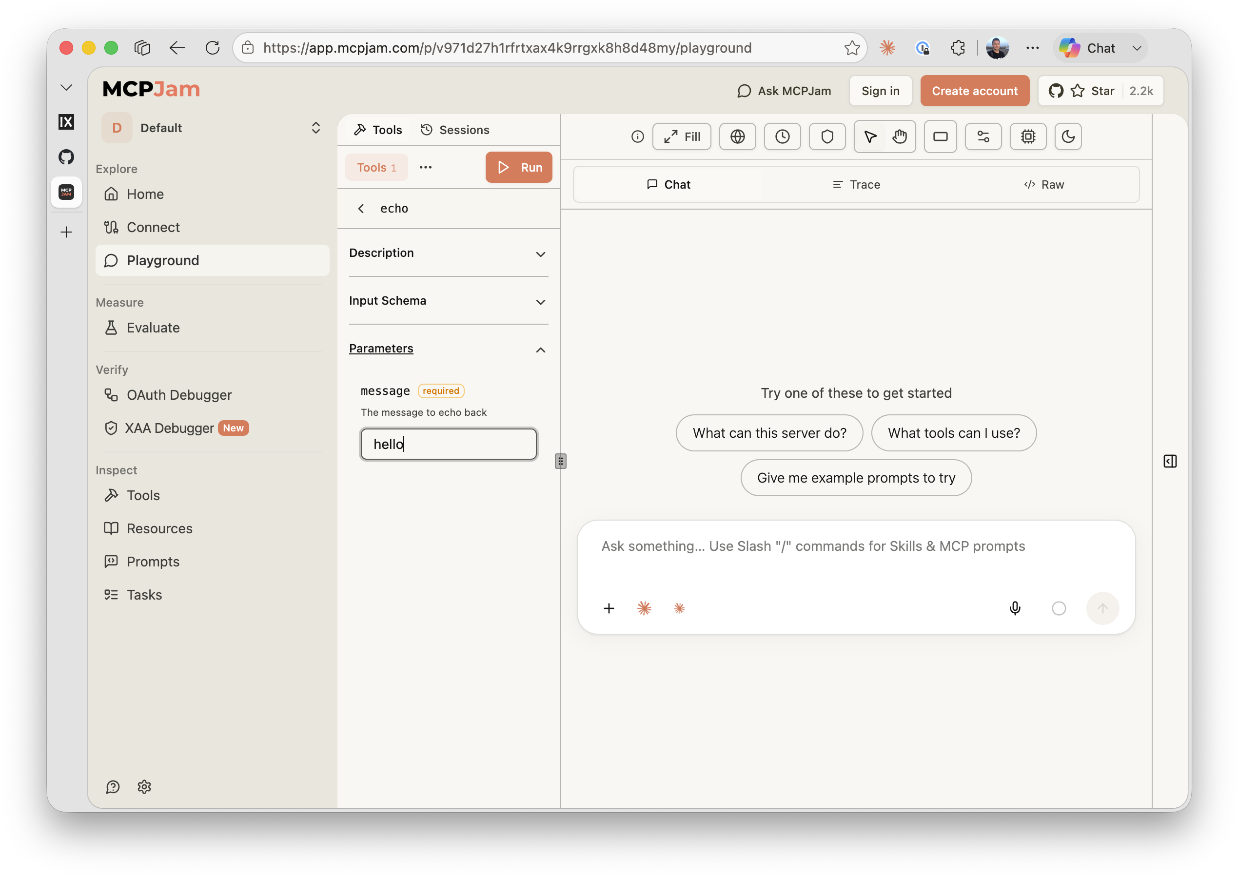 MCPJam's Playground with the echo tool selected and message set to "hello", before running