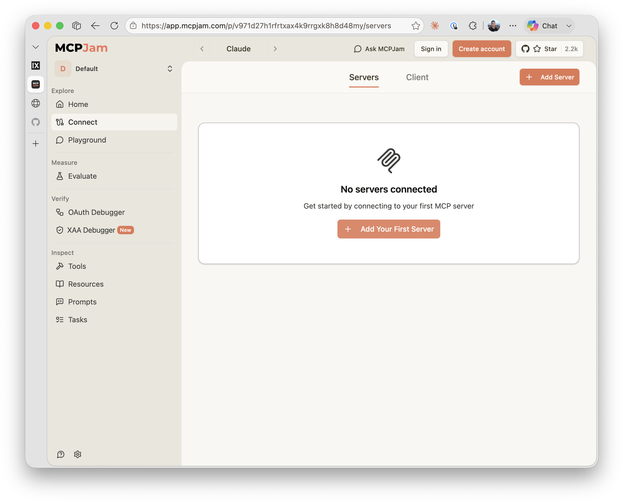 MCPJam's Connect screen with no servers connected