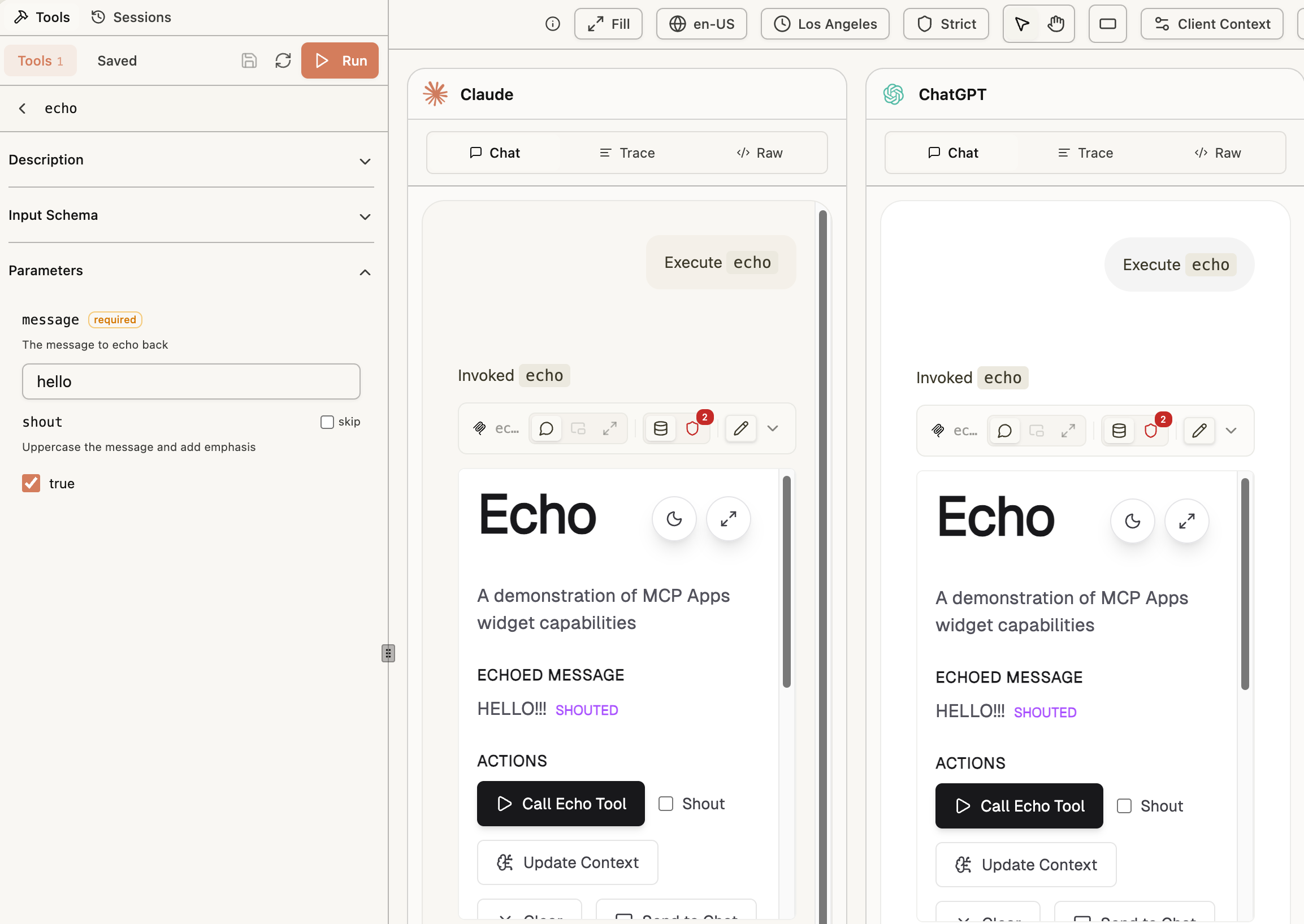 Playground's echo parameters with shout set to true, and the resulting widget showing HELLO!!! with a purple SHOUTED badge across the Claude and ChatGPT panes