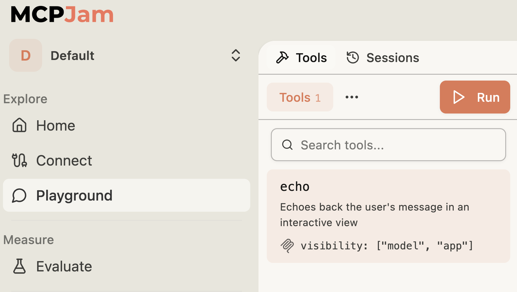The Tools panel with the echo tool card, showing its description and visibility