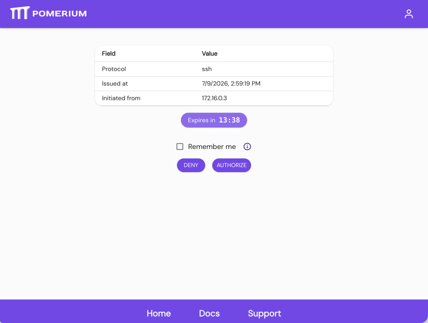 Pomerium's authorization page for the tunnel connection, listing protocol ssh, issue time, and source machine, with Deny and Authorize buttons
