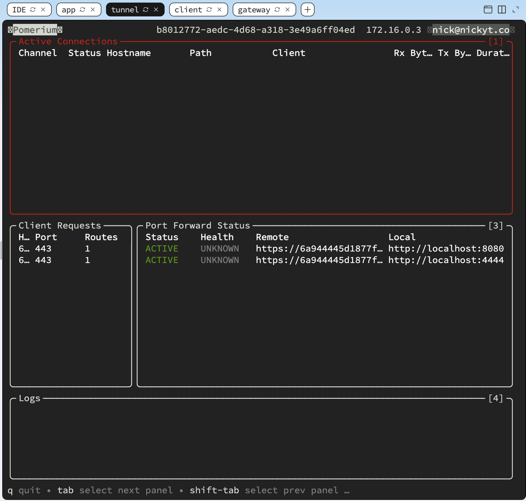 Pomerium's tunnel TUI right after sign-in, with two Port Forward Status entries (the app and assets routes) both ACTIVE and no connections yet