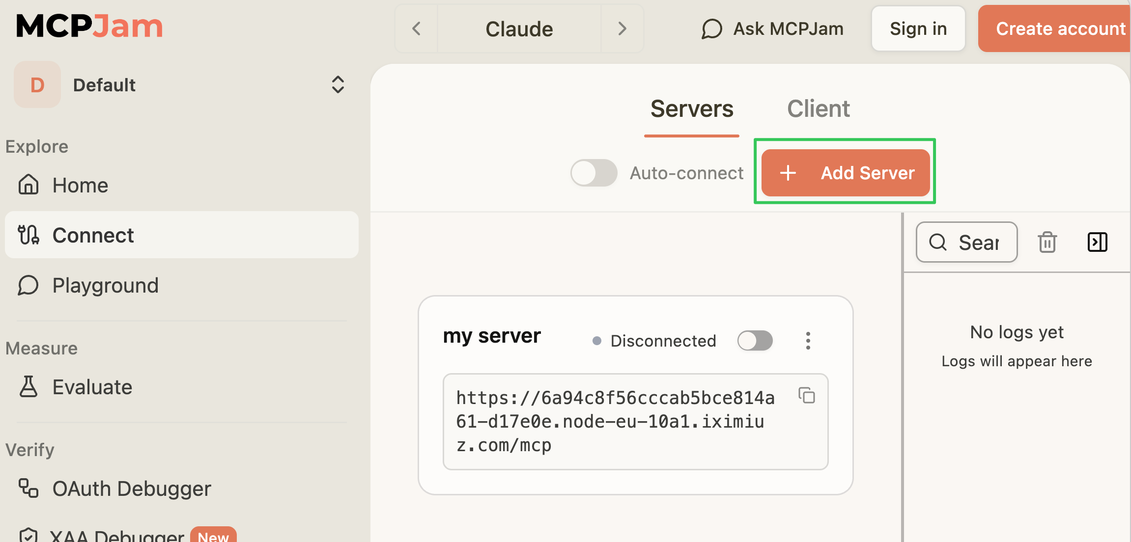MCPJam's Servers screen showing a disconnected server left over from the previous lesson, with the Add Server button highlighted in the top right