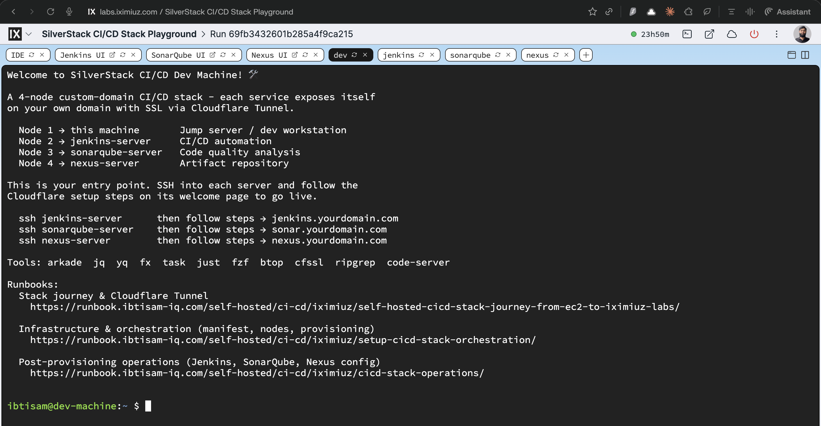 SilverStack CI/CD Stack playground: A fully composed 4-node CI/CD platform - Jenkins, SonarQube, Nexus, and a Dev Machine, all running in a single Flexbox playground on a shared private network. Each service is Nginx-proxied and Cloudflare-ready. Zero setup required.