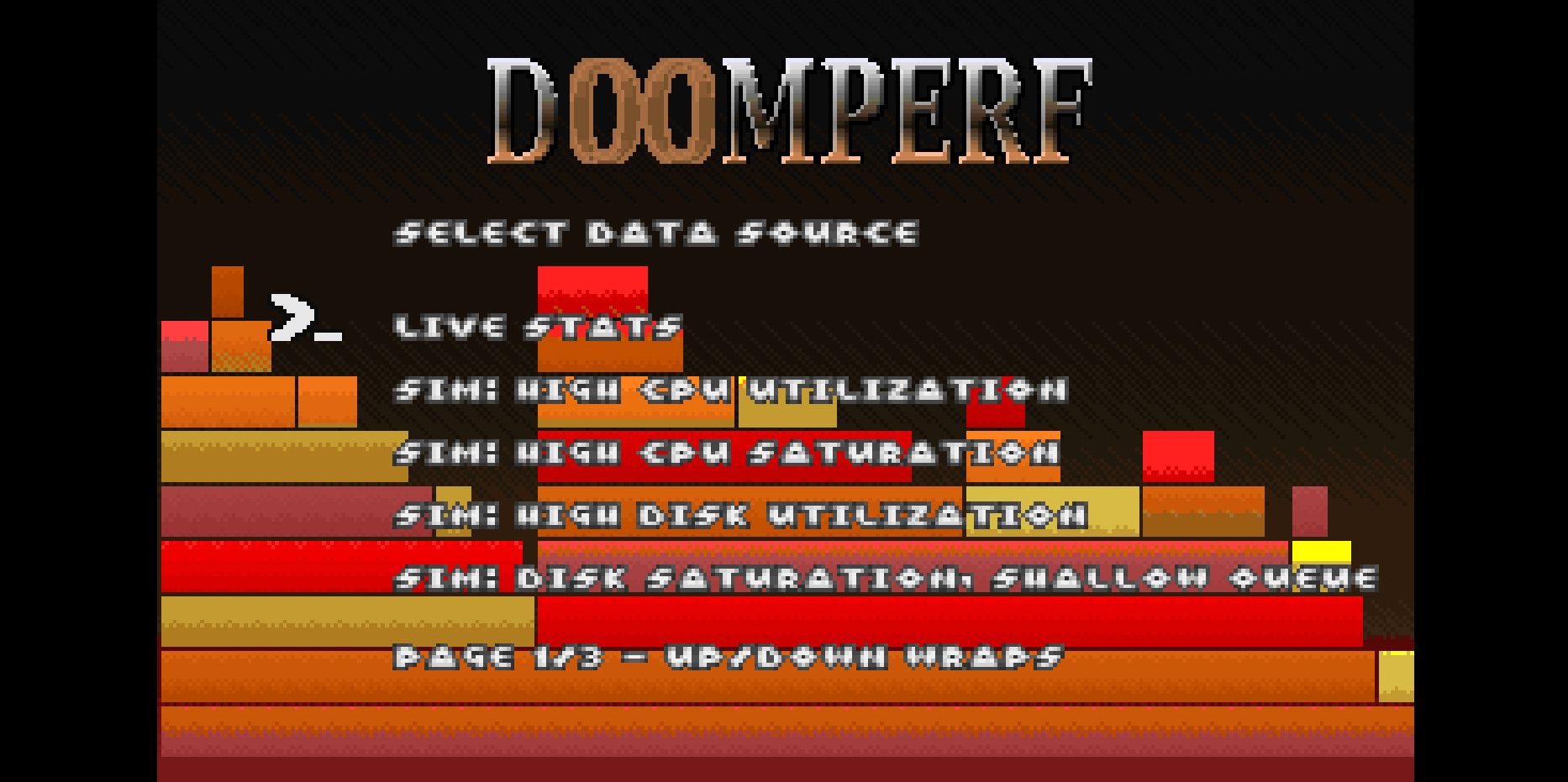 Doom Perf Lab playground: Explore host CPU/Memory/Disk/Network telemetry as an interactive Doom diagnostics lab.
Building on Brendan Gregg's USE methodology, this lab visualizes live system stats via a Doom environment.